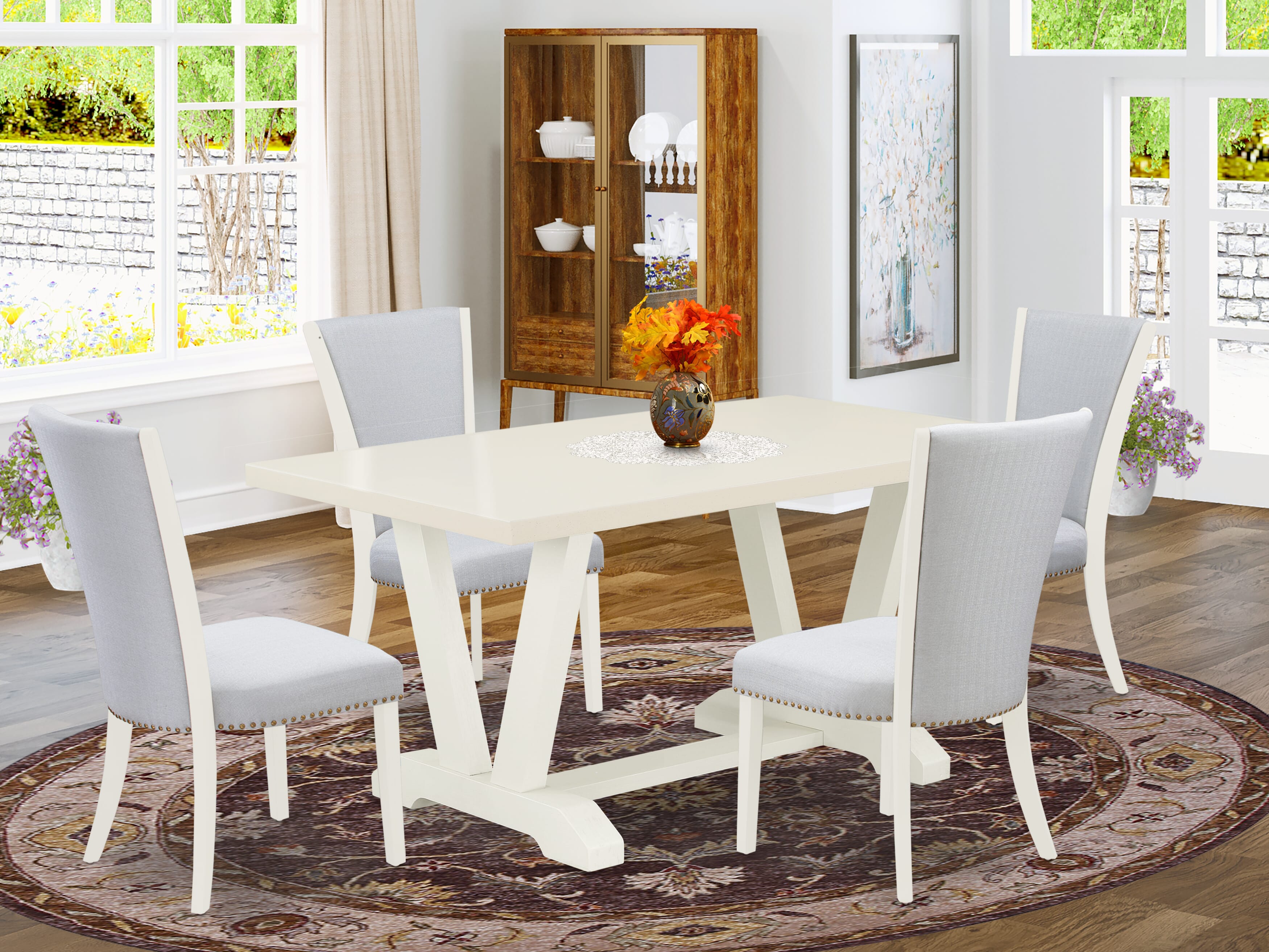 East West Furniture 5-Piece Kitchen Table Set Consists of 4 Dining Room Chairs with Upholstered Seat and Stylish Back-Rectangular Table - Cement and Wirebrushed Linen White Finish