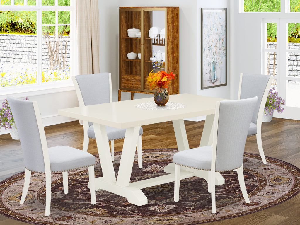 East West Furniture 5-Piece Kitchen Table Set Consists of 4 Dining Room Chairs with Upholstered Seat and Stylish Back-Rectangular Table - Cement and Wirebrushed Linen White Finish