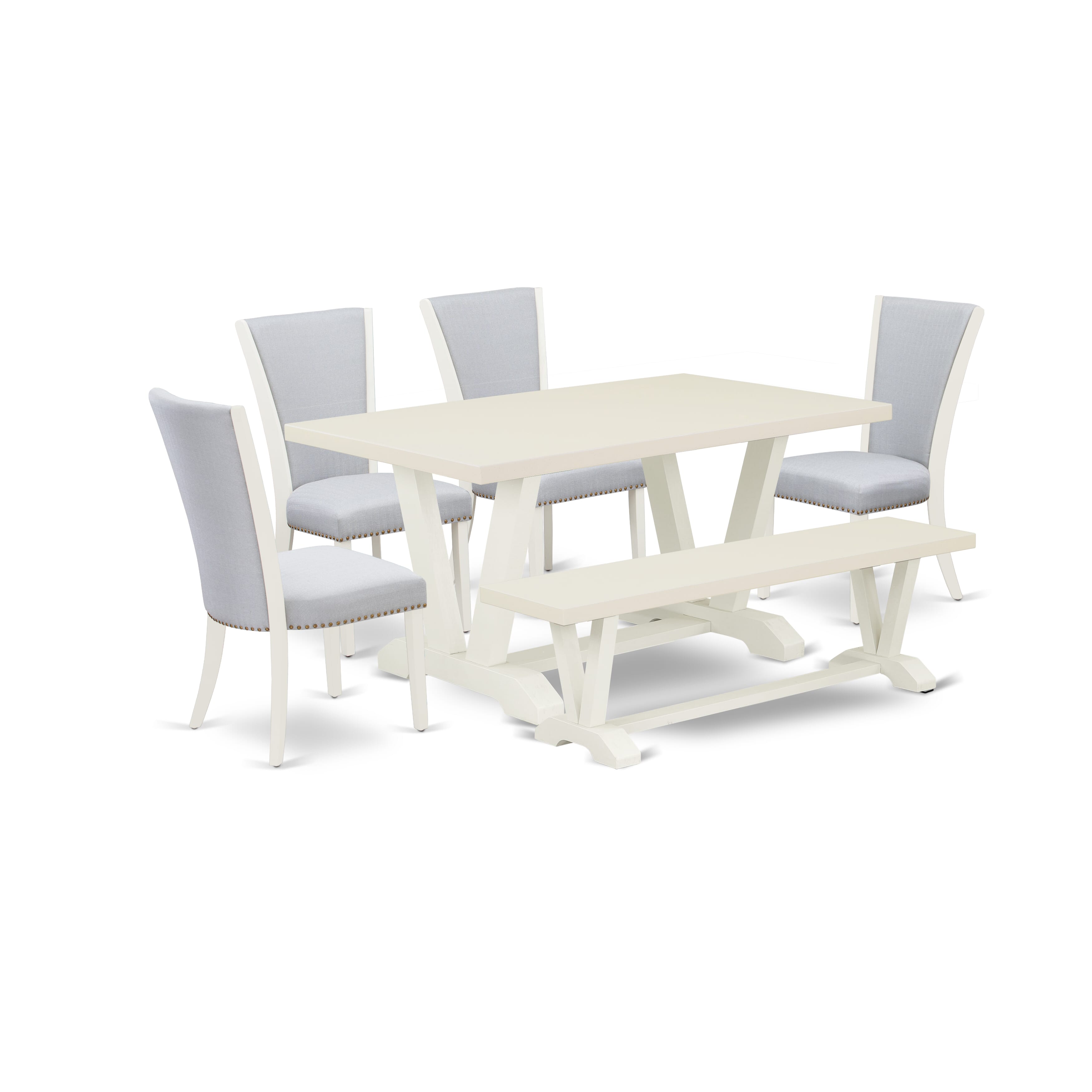 Juego de comedor de 6 piezas East West Furniture V026VE005-6. Contiene una mesa de comedor rectangular con patas en V y 4 sillas Parson de tela de lino gris con un banco.