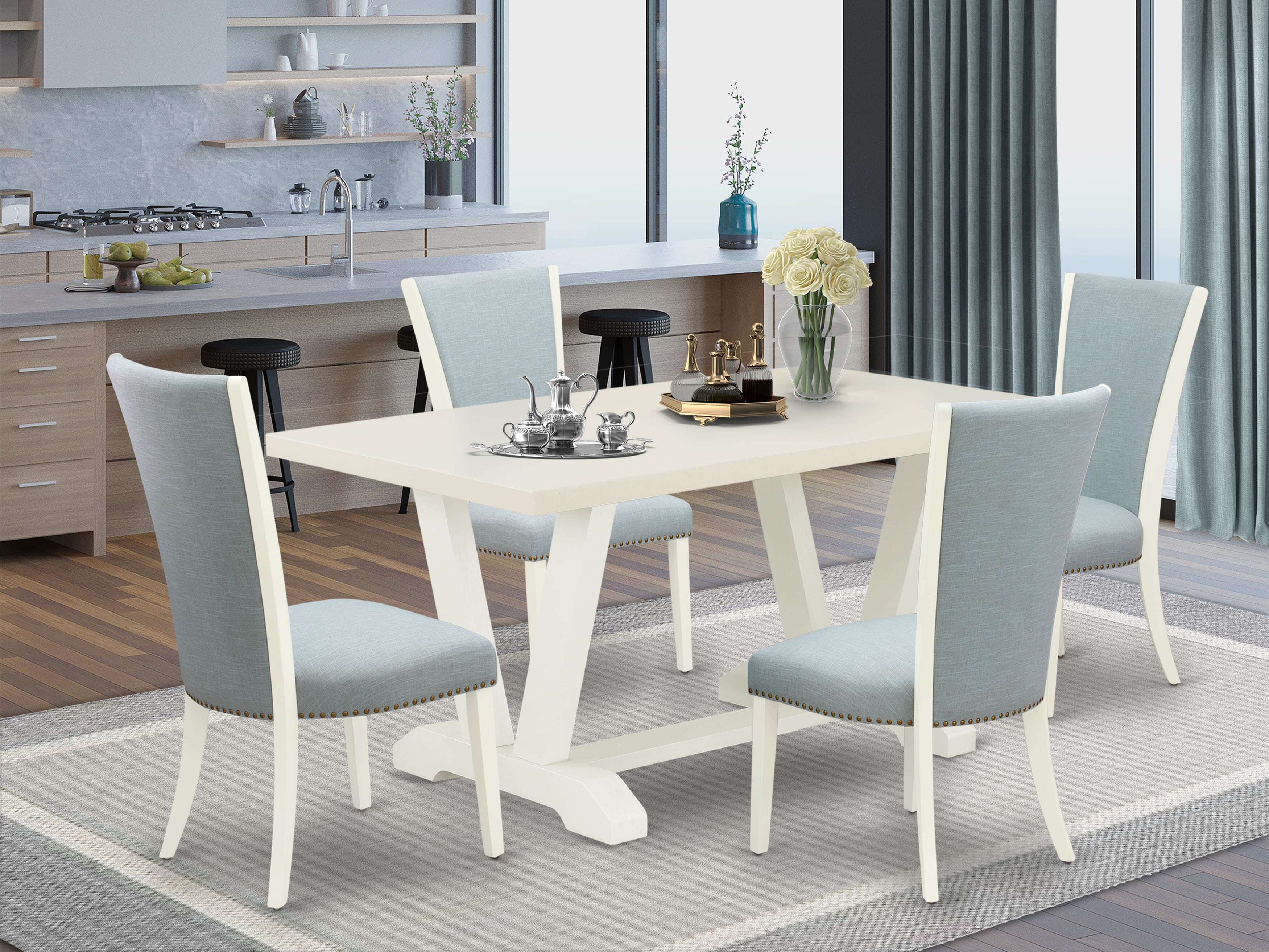 Juego de comedor East West Furniture X096VE215-5 de 5 piezas: 4 sillas Parson de tela de lino azul claro con tachuelas y mesa de comedor de madera de cemento, acabado blanco lino.