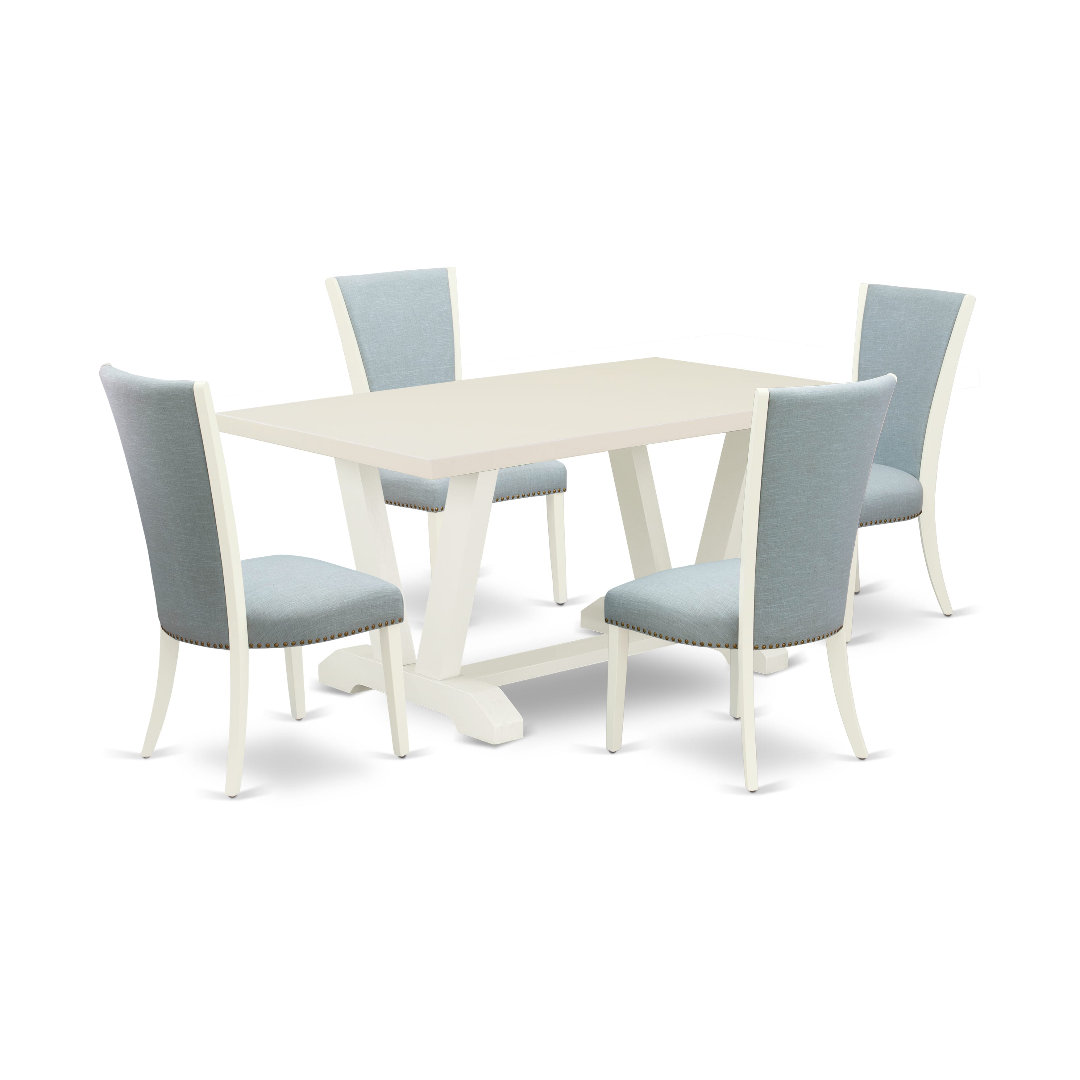 Juego de comedor East West Furniture X096VE215-5 de 5 piezas: 4 sillas Parson de tela de lino azul claro con tachuelas y mesa de comedor de madera de cemento, acabado blanco lino.