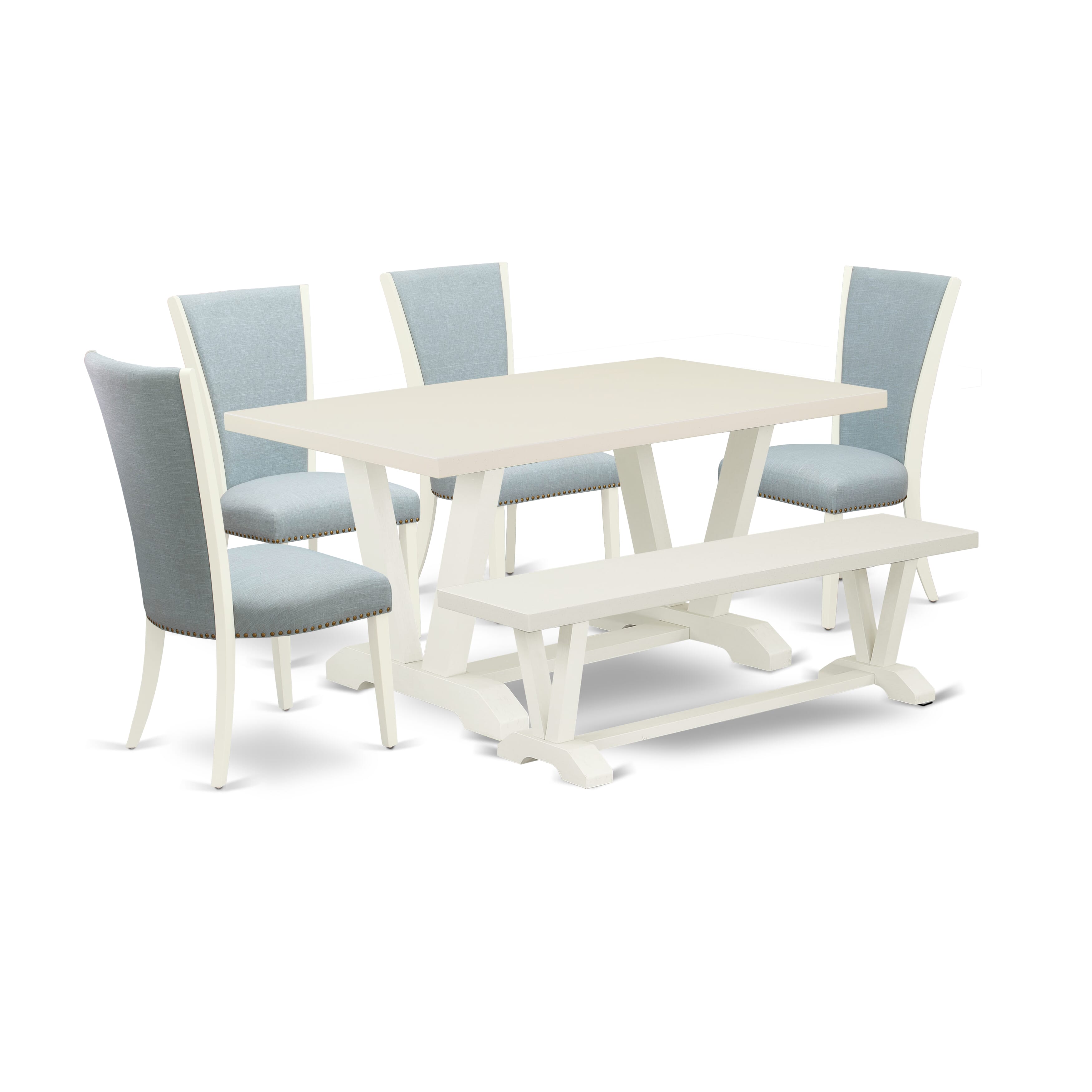 Juego de comedor de 6 piezas East West Furniture V026VE215-6. Contiene una mesa de comedor rectangular con patas en V y 4 sillas Parson de tela de lino azul bebé con un banco.