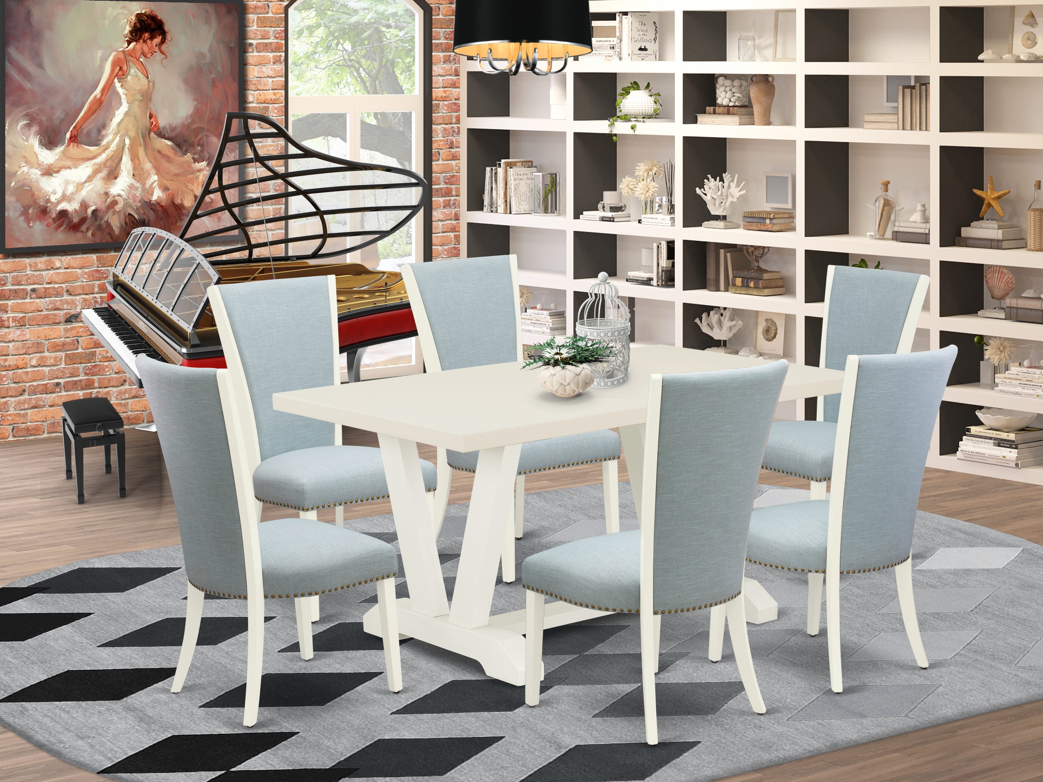 East West Furniture V026VE215-7 7 Piece Dining Room Table Set - 6 Baby Blue Linen Fabric Dinning Room Chairs with Nailheads and linen white Dining Room Table - linen white Finish