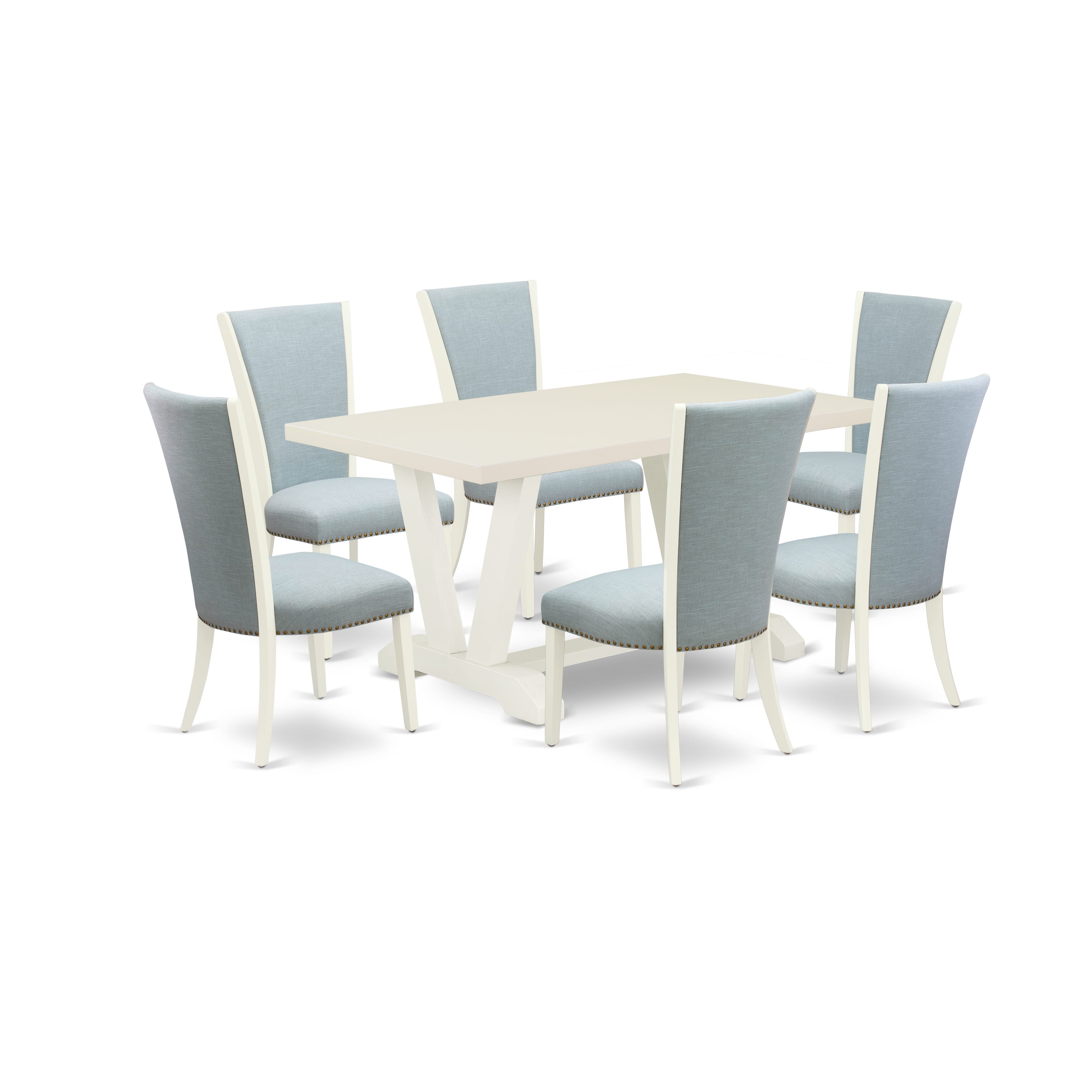 East West Furniture V026VE215-7 7 Piece Dining Room Table Set - 6 Baby Blue Linen Fabric Dinning Room Chairs with Nailheads and linen white Dining Room Table - linen white Finish