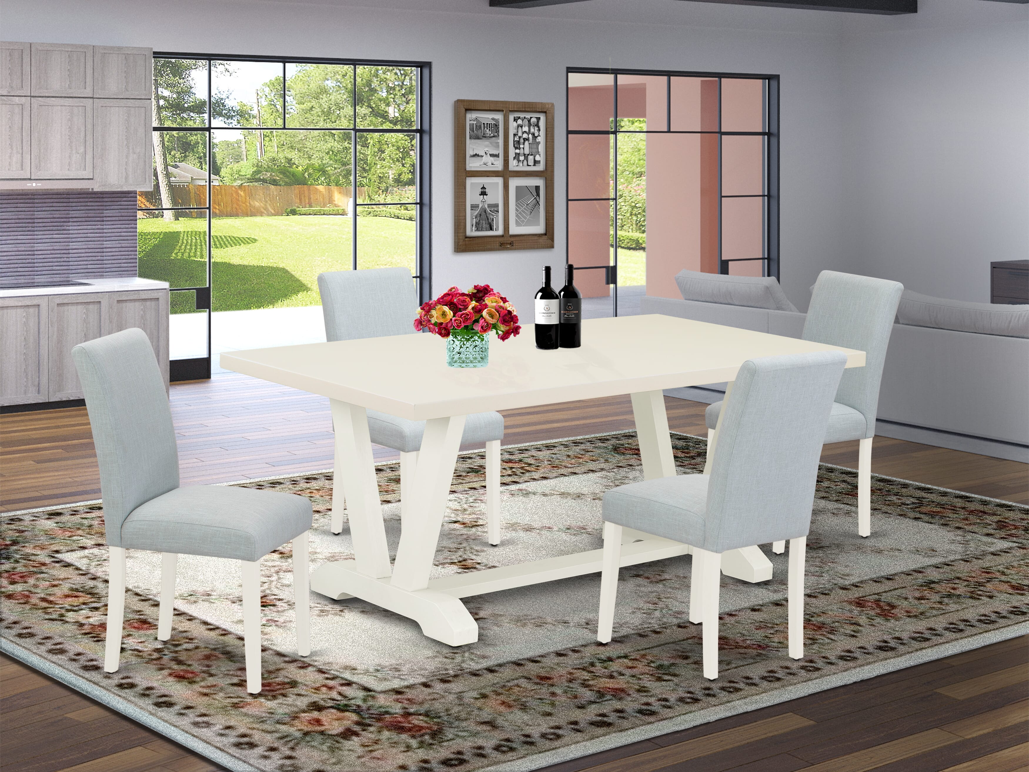 East West Furniture 5-Piece Modern Dining Table Set Includes 4 Parson dining chairs with Upholstered Seat and High Back and a Rectangular Kitchen Table - Linen White Finish