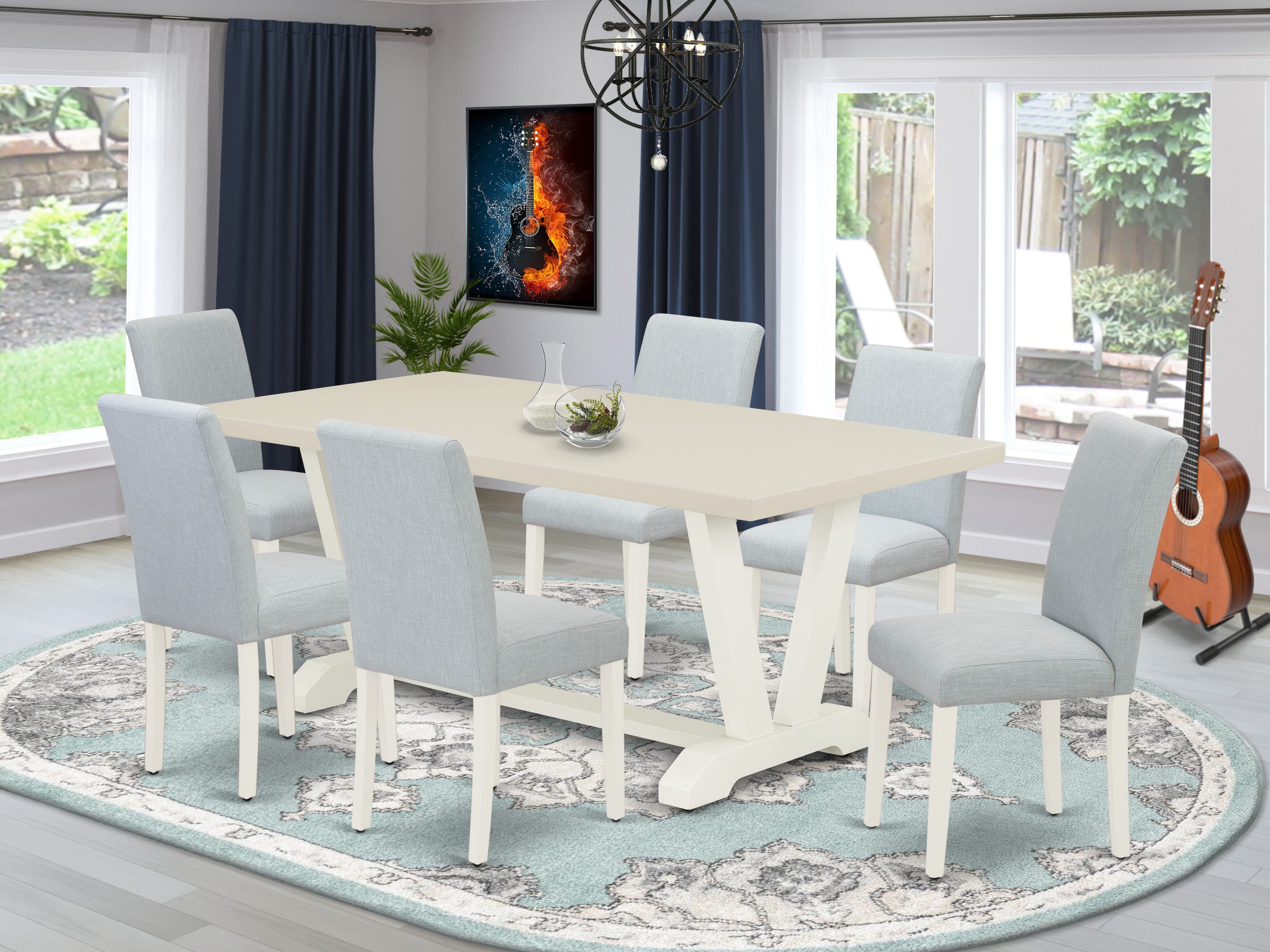 East West Furniture 7-Piece Dining Room Set Includes 6 Modern Chairs with Upholstered Seat and High Back and a Rectangular Dining Table - Linen White Finish