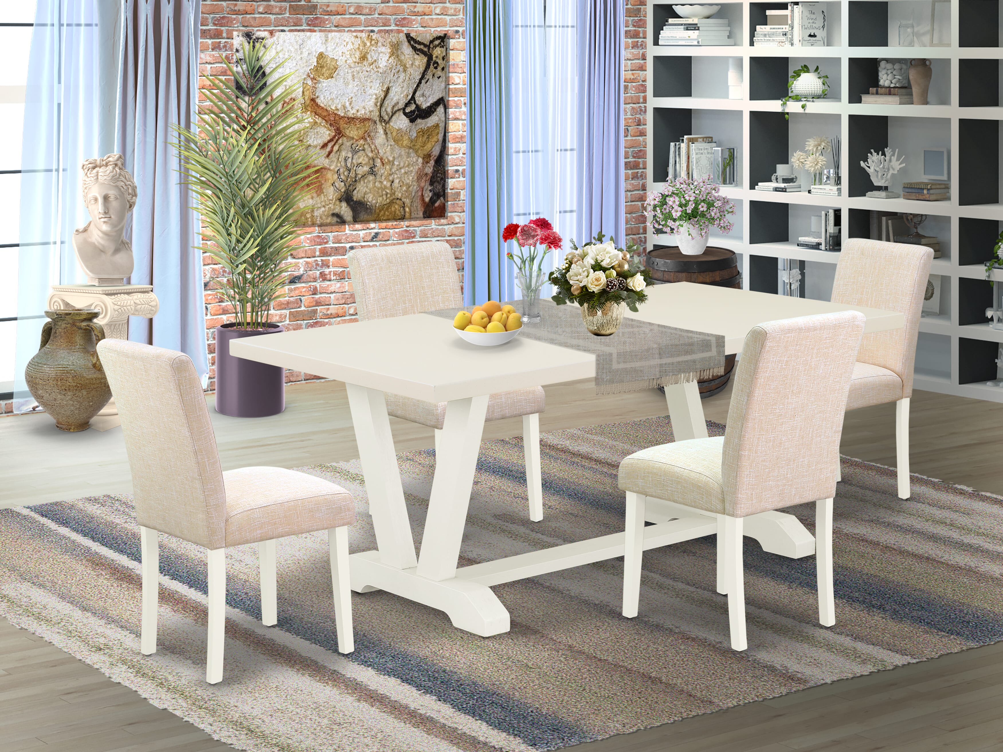East West Furniture V027AB202-5 5-Piece Mid Century Dining Table SetIncluded 4 Padded Parson Chairs Upholstered Seat and Stylish Chair Back and Rectangular Wood Table with linen white Table top (linen white Finish)