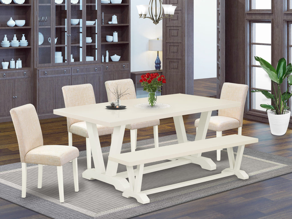 East West Furniture V027AB202-6 6-Pc Kitchen Dining Table Set-Light Beige Linen Fabric Seat and High Stylish Chair Back Parson chairs, a Rectangular Bench and Rectangular top dining table with Wooden Legs - linen white and linen white Finish