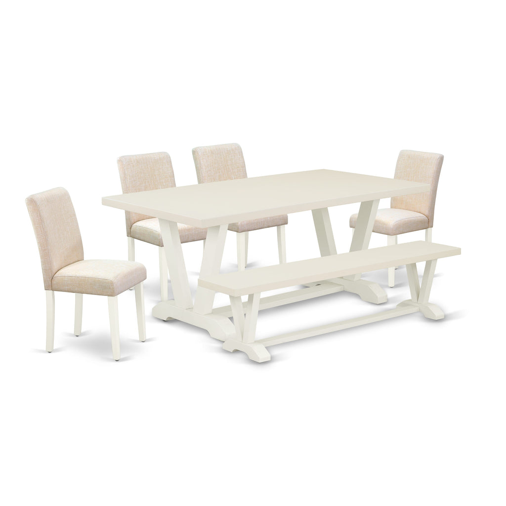 East West Furniture V027AB202-6 6-Pc Kitchen Dining Table Set-Light Beige Linen Fabric Seat and High Stylish Chair Back Parson chairs, a Rectangular Bench and Rectangular top dining table with Wooden Legs - linen white and linen white Finish