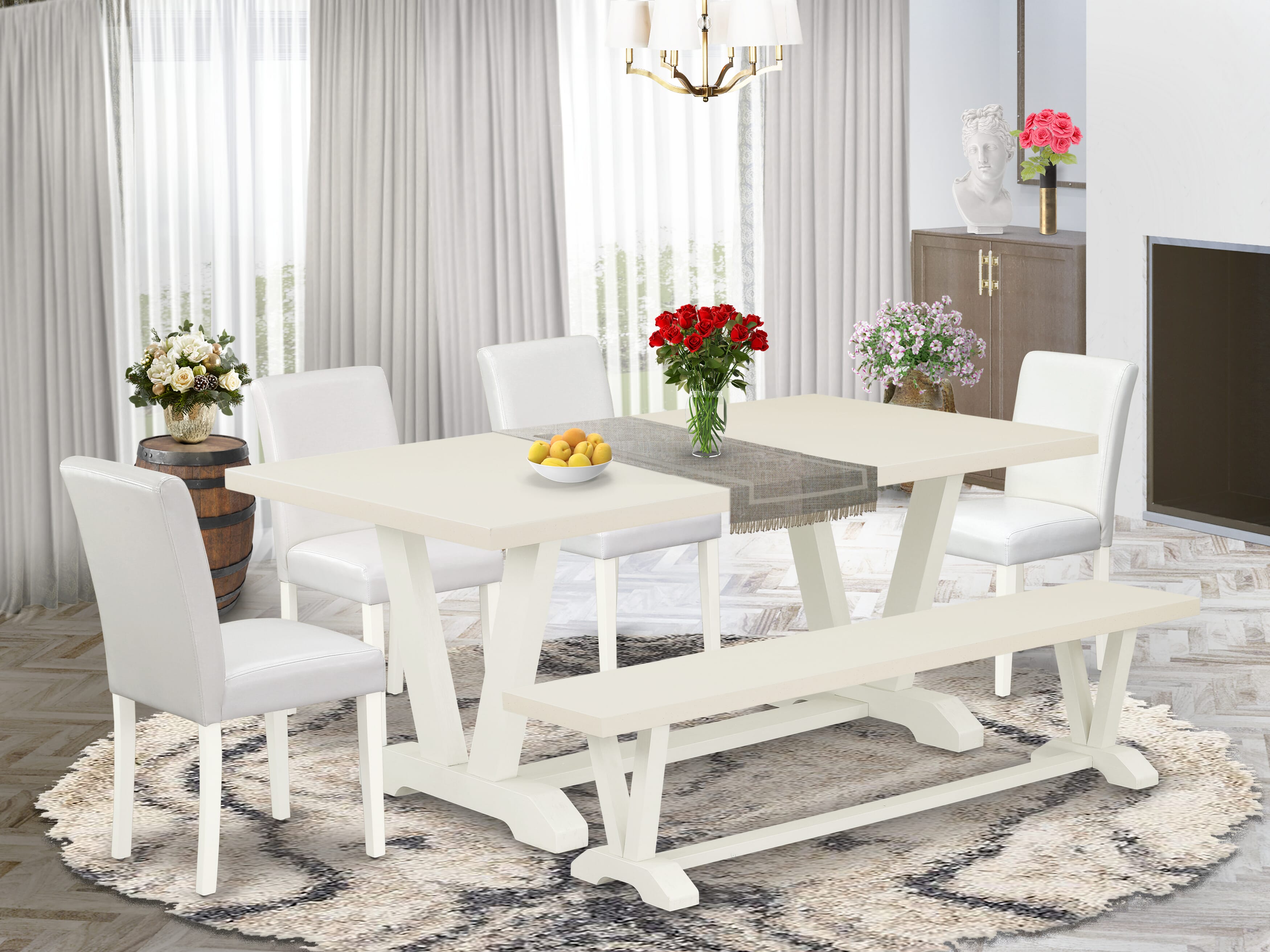 Juego de comedor de 6 piezas East West Furniture V027AB264-6. Contiene una mesa de comedor rectangular con patas en V y 4 sillas Parson de piel sintética blanca con un banco.