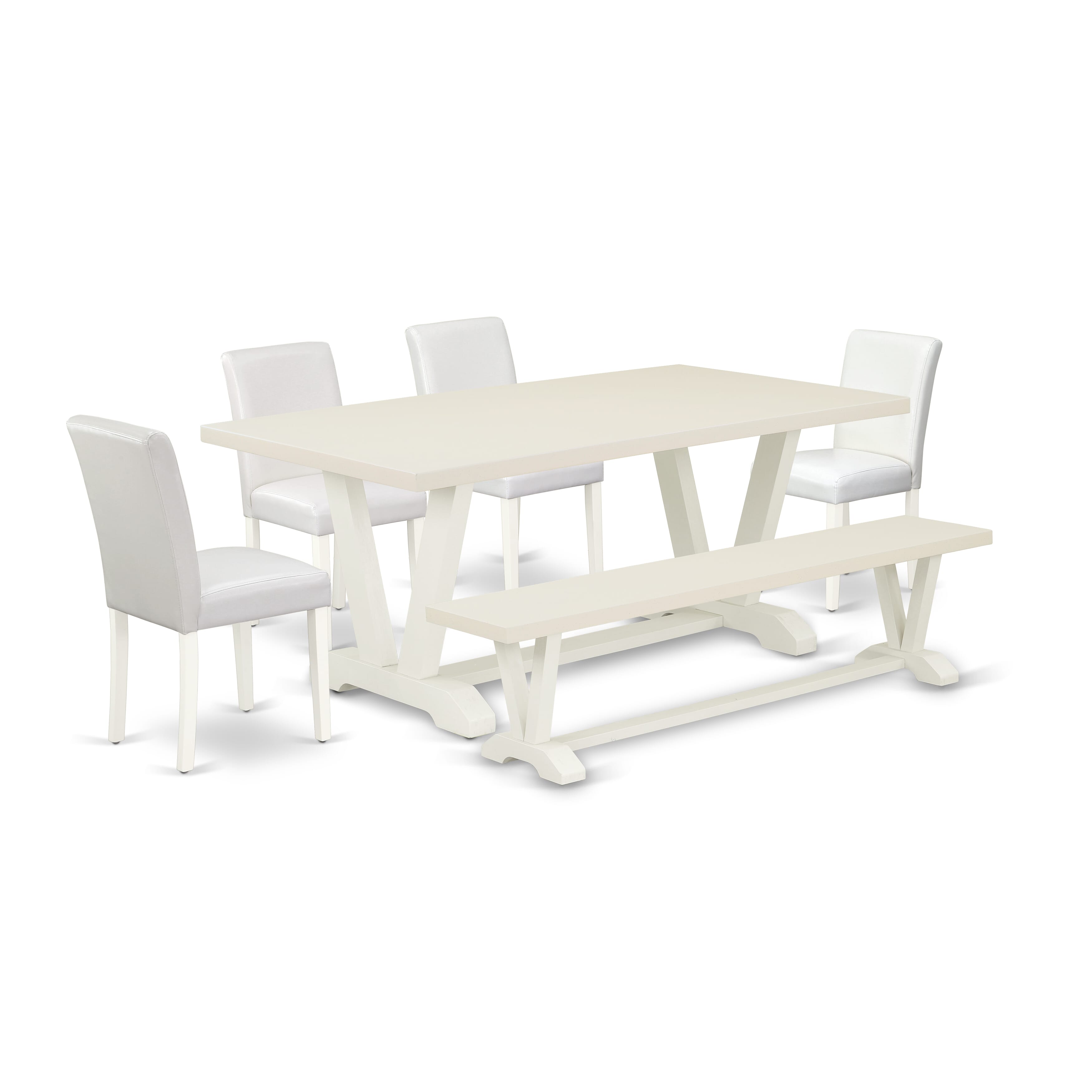 Juego de comedor de 6 piezas East West Furniture V027AB264-6. Contiene una mesa de comedor rectangular con patas en V y 4 sillas Parson de piel sintética blanca con un banco.