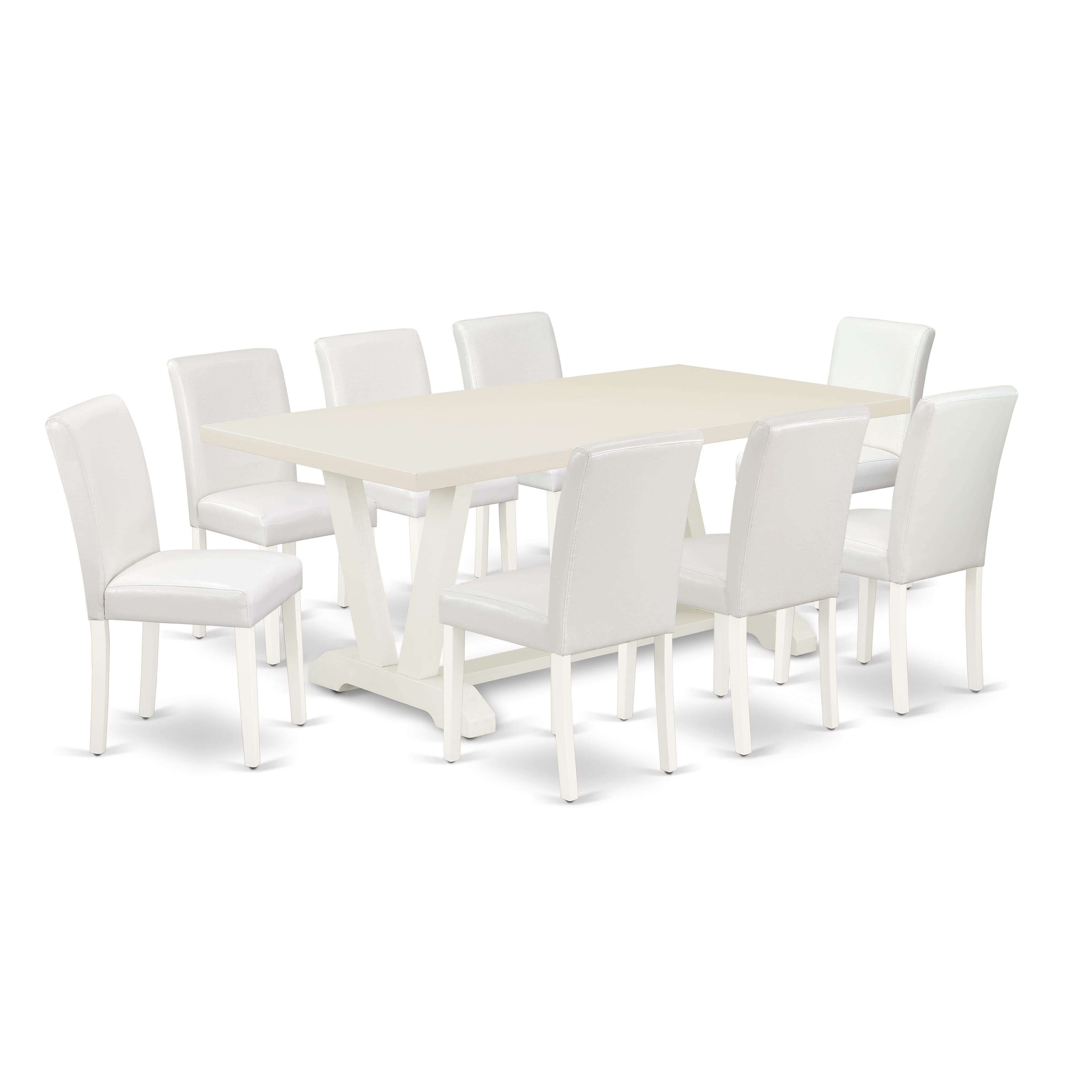 Juego de mesa de comedor moderna de 9 piezas East West Furniture V027AB264-9. Incluye una mesa rectangular de madera con patas en V y 8 sillas de comedor Parson de piel sintética blanca.