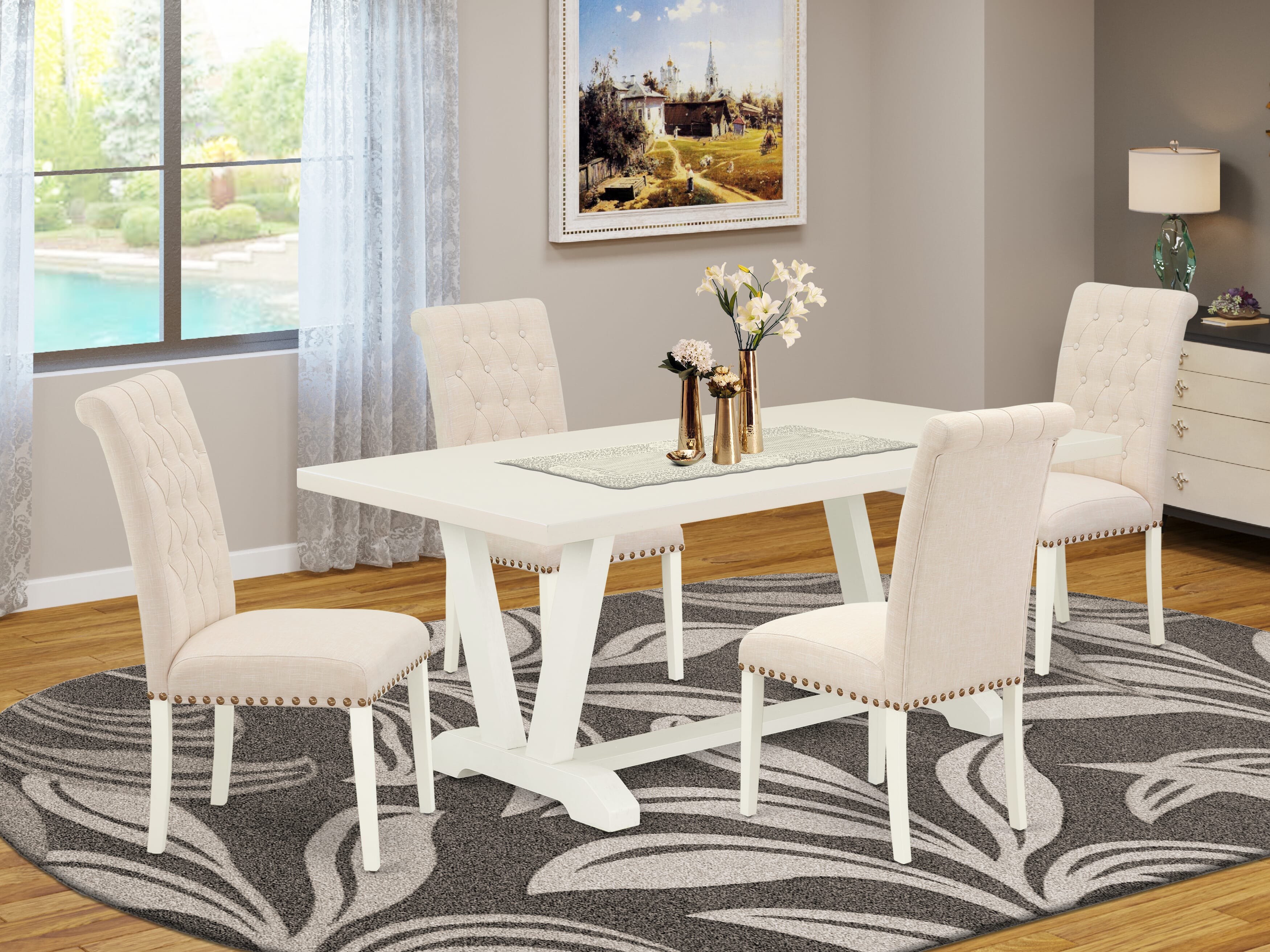 East West Furniture V027BR202-5 5-Piece Dinette SetIncluded 4 kitchen chairs Upholstered Seat and High Button Tufted Chair Back and Rectangular Dining Table with linen white Rectangular Dining Table top (linen white Finish)
