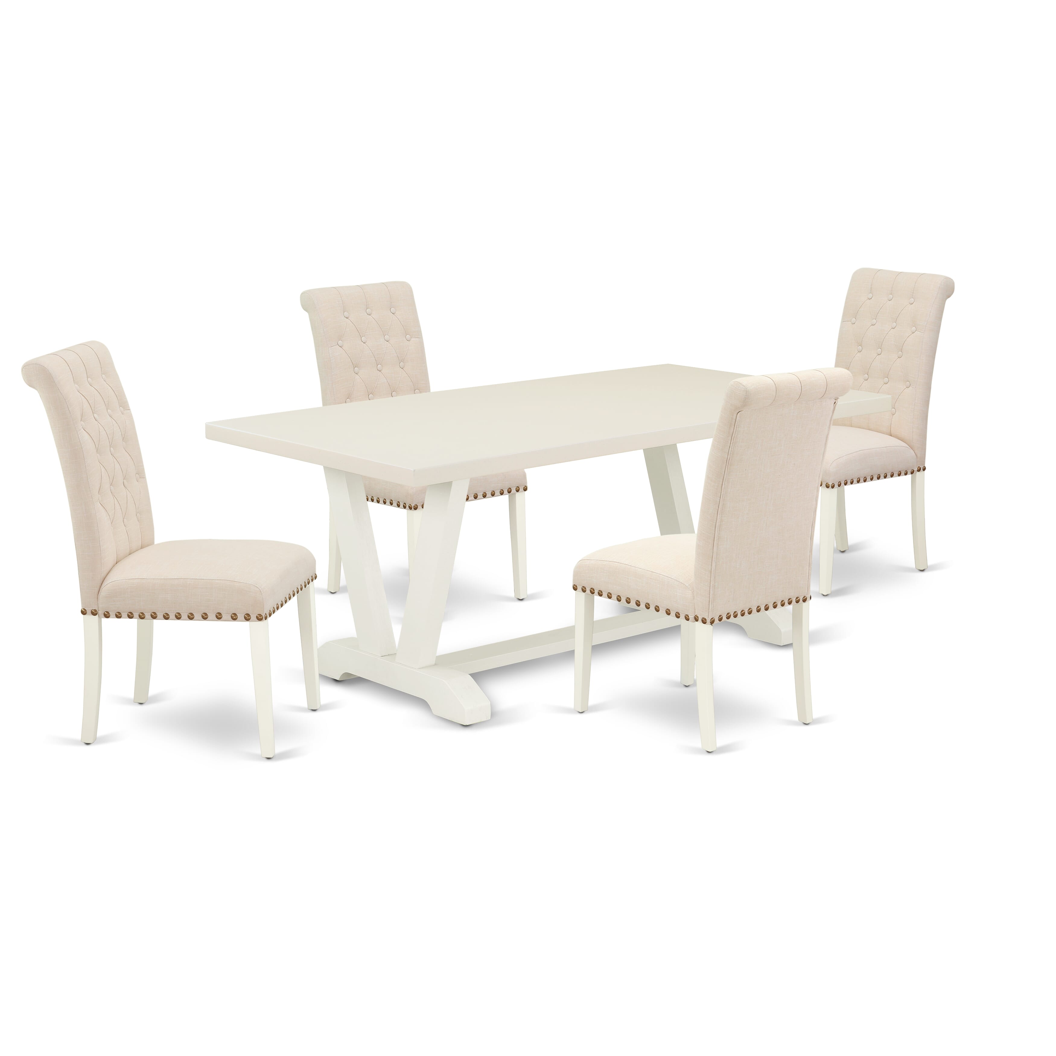 East West Furniture V027BR202-5 5-Piece Dinette SetIncluded 4 kitchen chairs Upholstered Seat and High Button Tufted Chair Back and Rectangular Dining Table with linen white Rectangular Dining Table top (linen white Finish)
