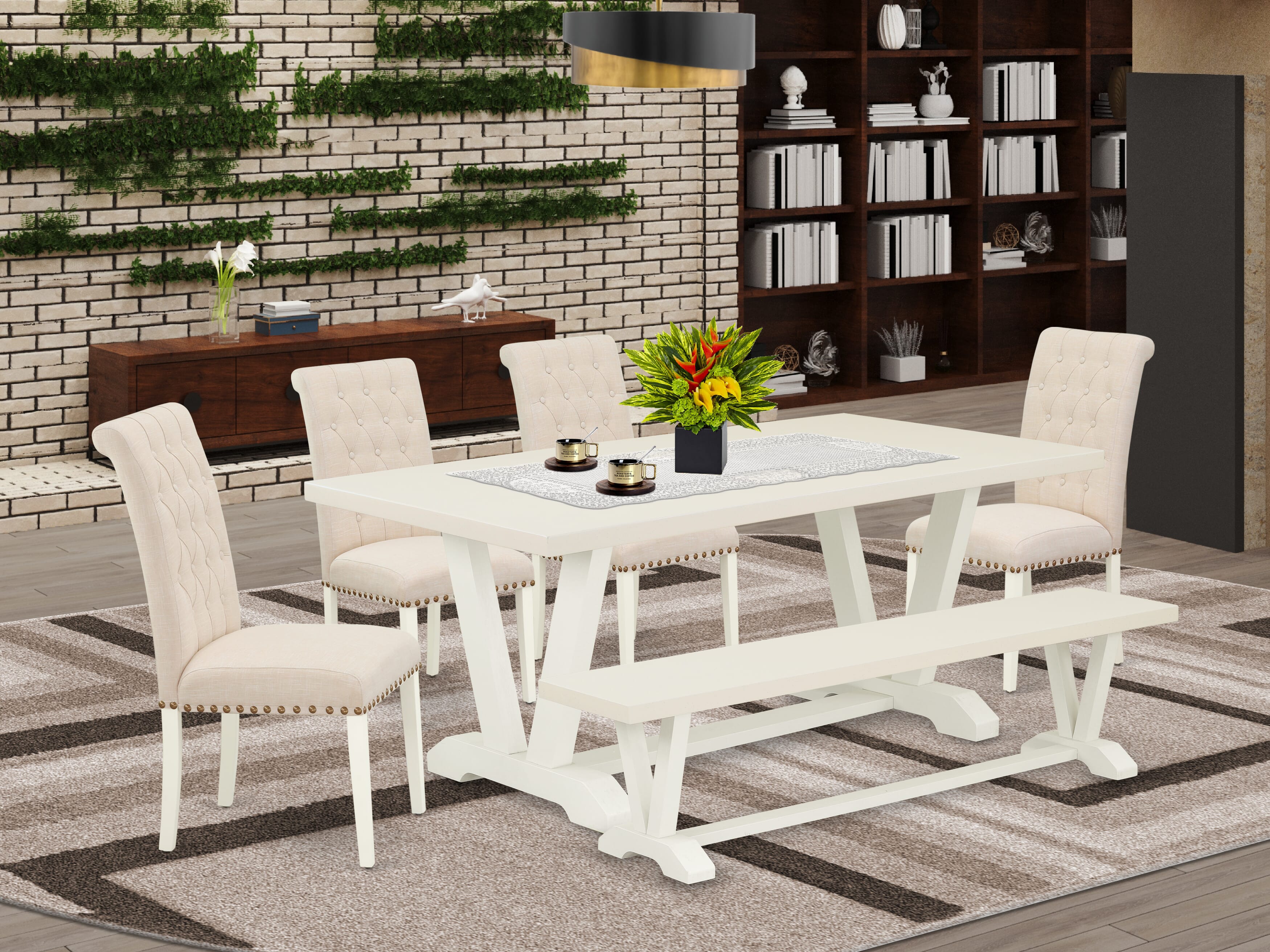 Juego de mesa de comedor de 6 piezas East West Furniture V027BR202-6. Contiene una mesa de comedor rectangular y 4 sillas Parson de tela de lino beige claro con un banco.