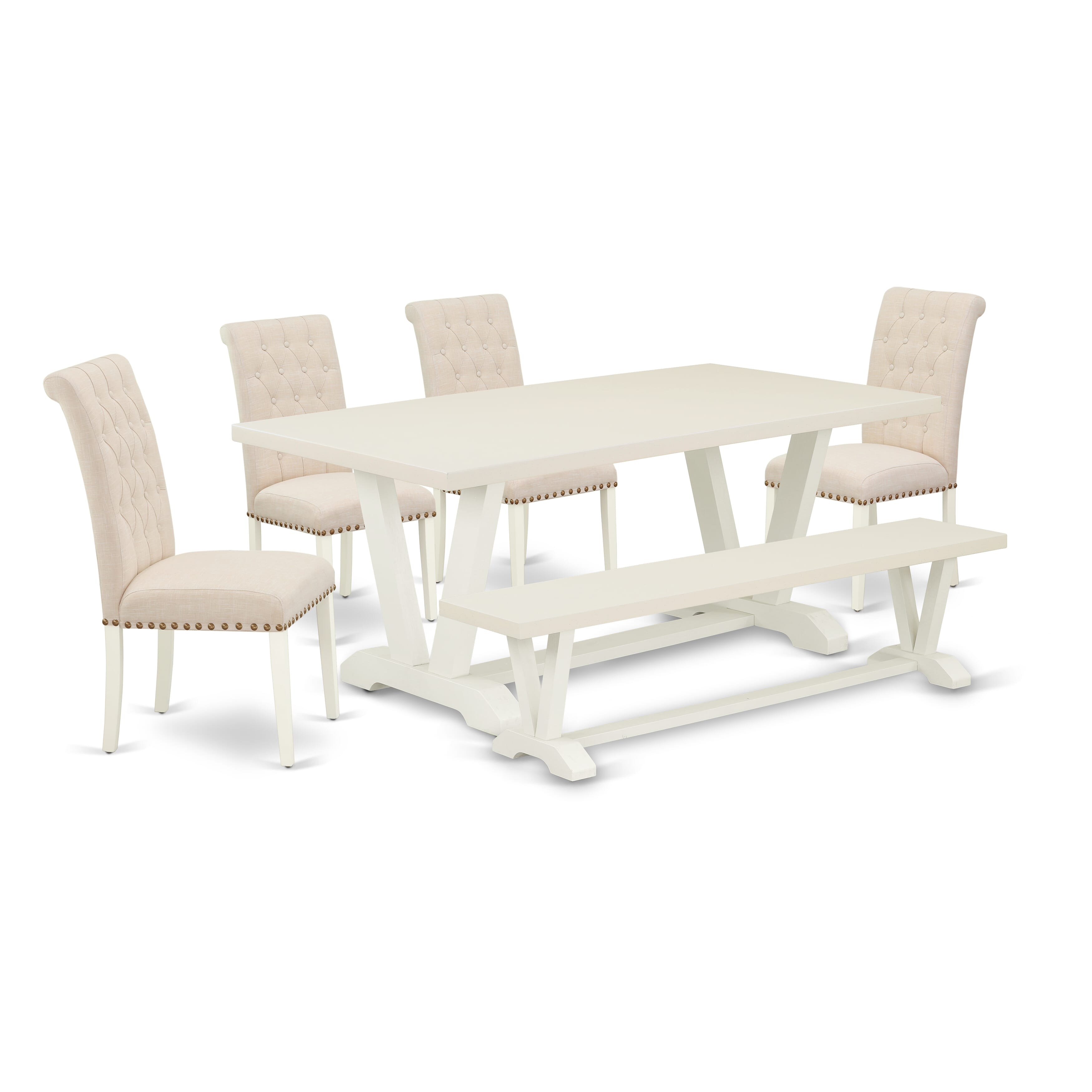 Juego de mesa de comedor de 6 piezas East West Furniture V027BR202-6. Contiene una mesa de comedor rectangular y 4 sillas Parson de tela de lino beige claro con un banco.