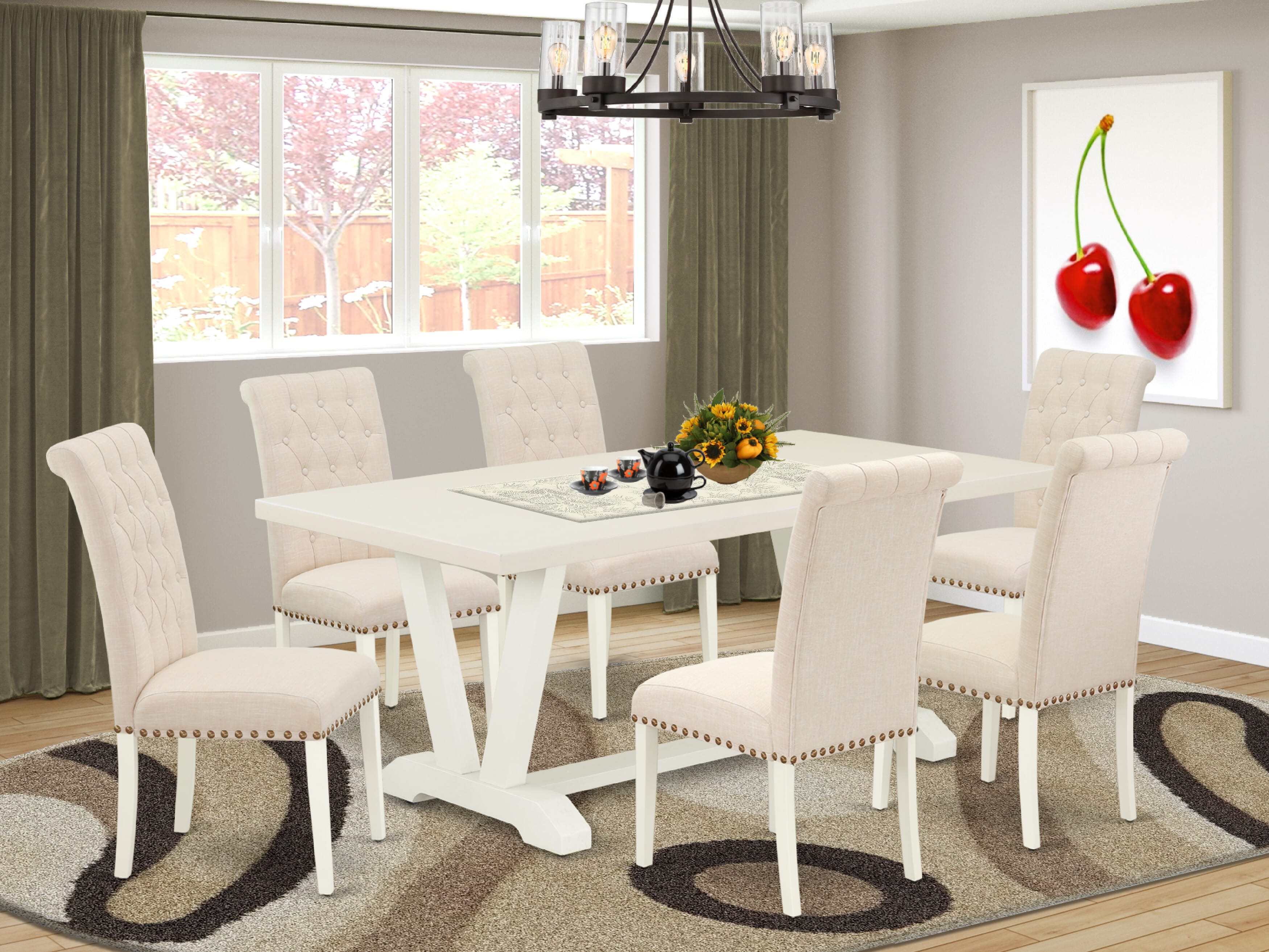 East West Furniture V027BR202-7 7-Piece Modern Dining Table Set an Excellent linen white Small Dining Table top and 6 beautiful dining room chairs with Nail Heads and Button Tufted, linen white Finish