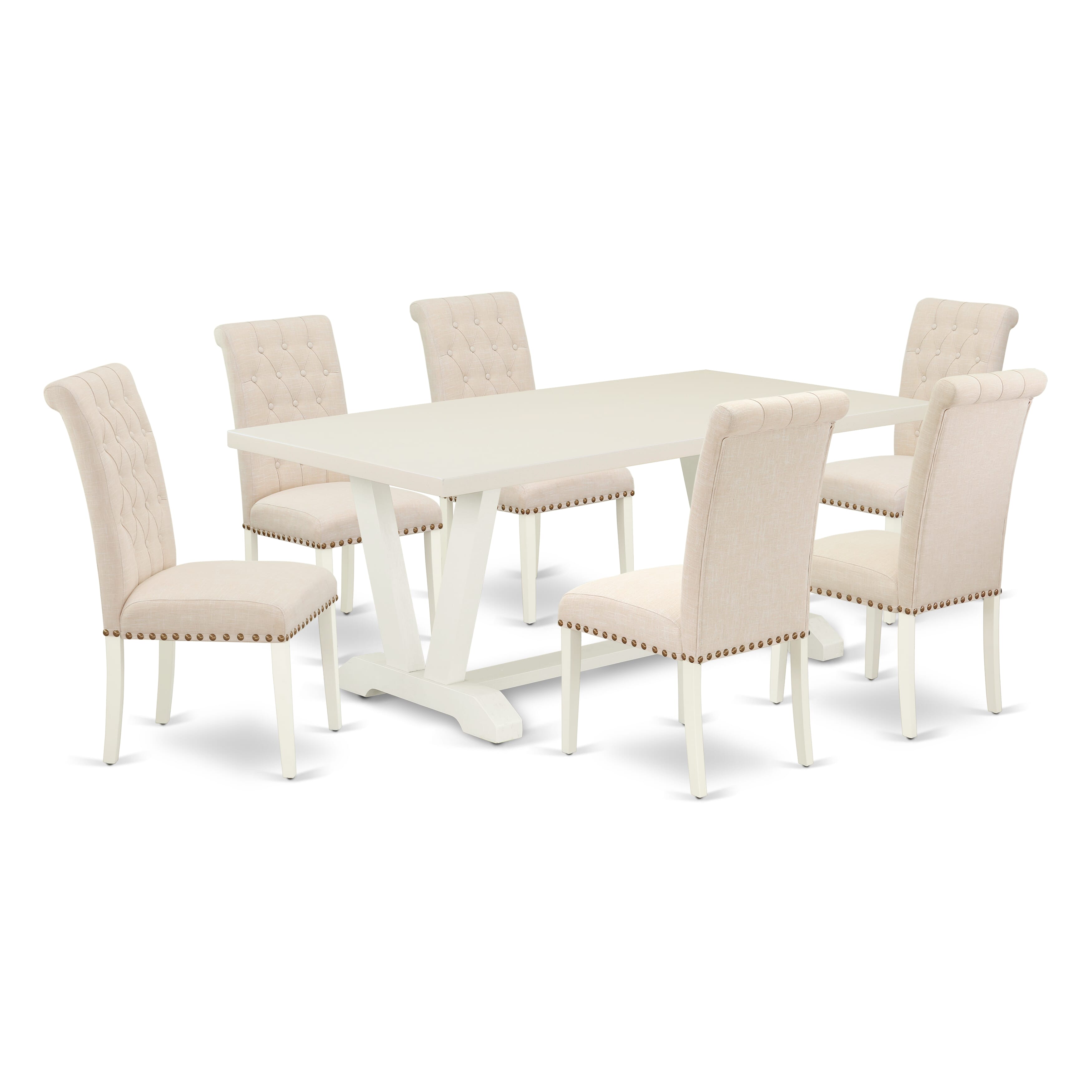 East West Furniture V027BR202-7 7-Piece Modern Dining Table Set an Excellent linen white Small Dining Table top and 6 beautiful dining room chairs with Nail Heads and Button Tufted, linen white Finish