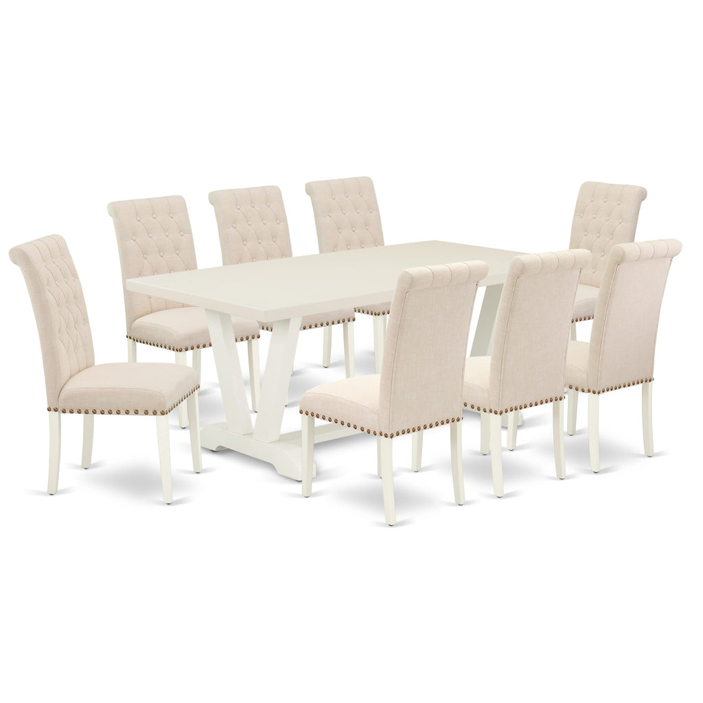 Juego de comedor East West Furniture V027BR202-9 de 9 piezas. Incluye una mesa de comedor rectangular con patas en V y 8 sillas Parson tapizadas en tela de lino beige claro.