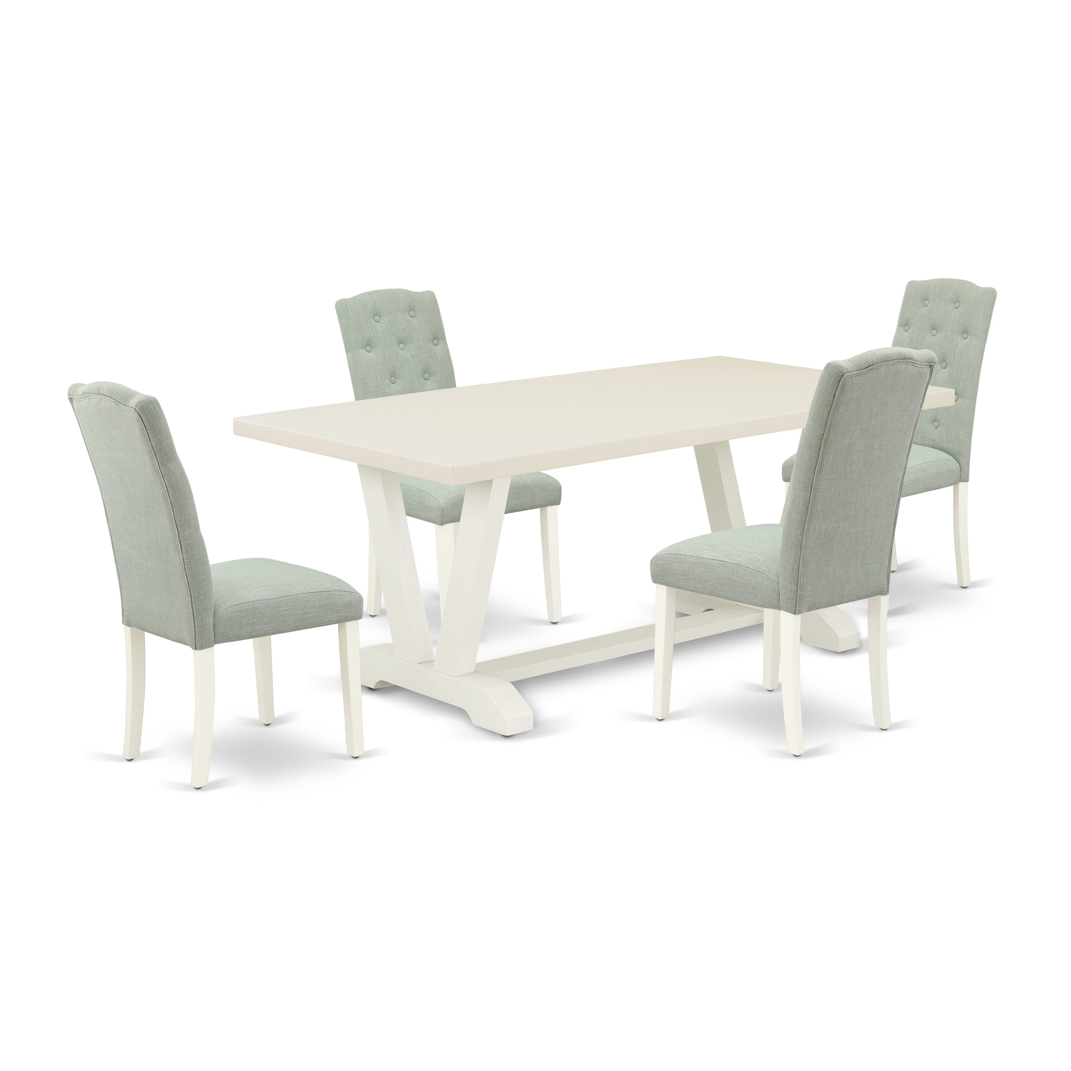 East West Furniture V027CE215-5 5-Pc Dining Table Set- 4 Dining Padded Chairs with Baby Blue Linen Fabric Seat and Button Tufted Chair Back - Rectangular Table - linen white Finish