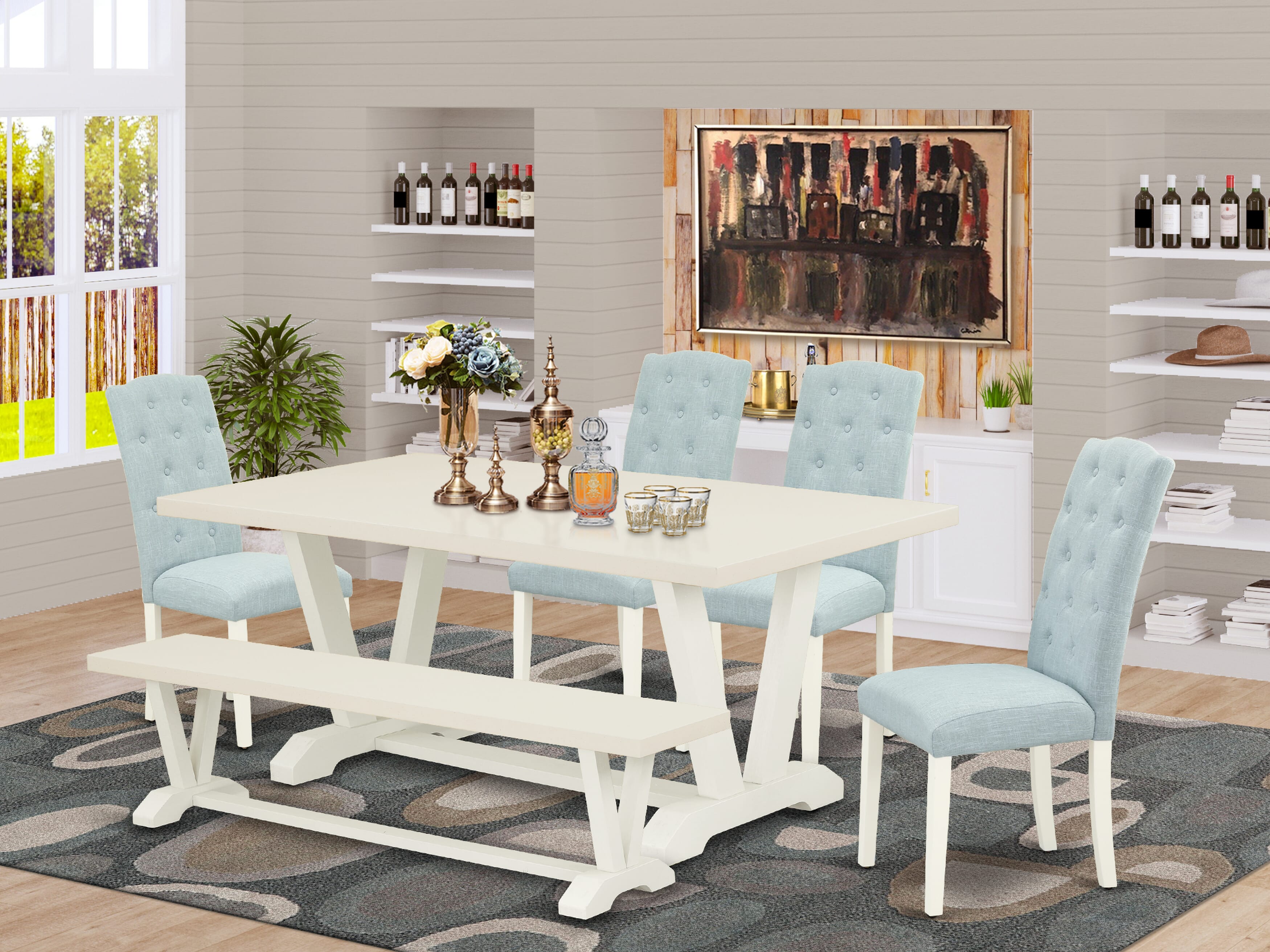 Juego de mesa de comedor de 6 piezas East West Furniture V027CE215-6. Contiene una mesa de cocina rectangular con patas en V y 4 sillas Parson de tela de lino azul bebé con un banco.