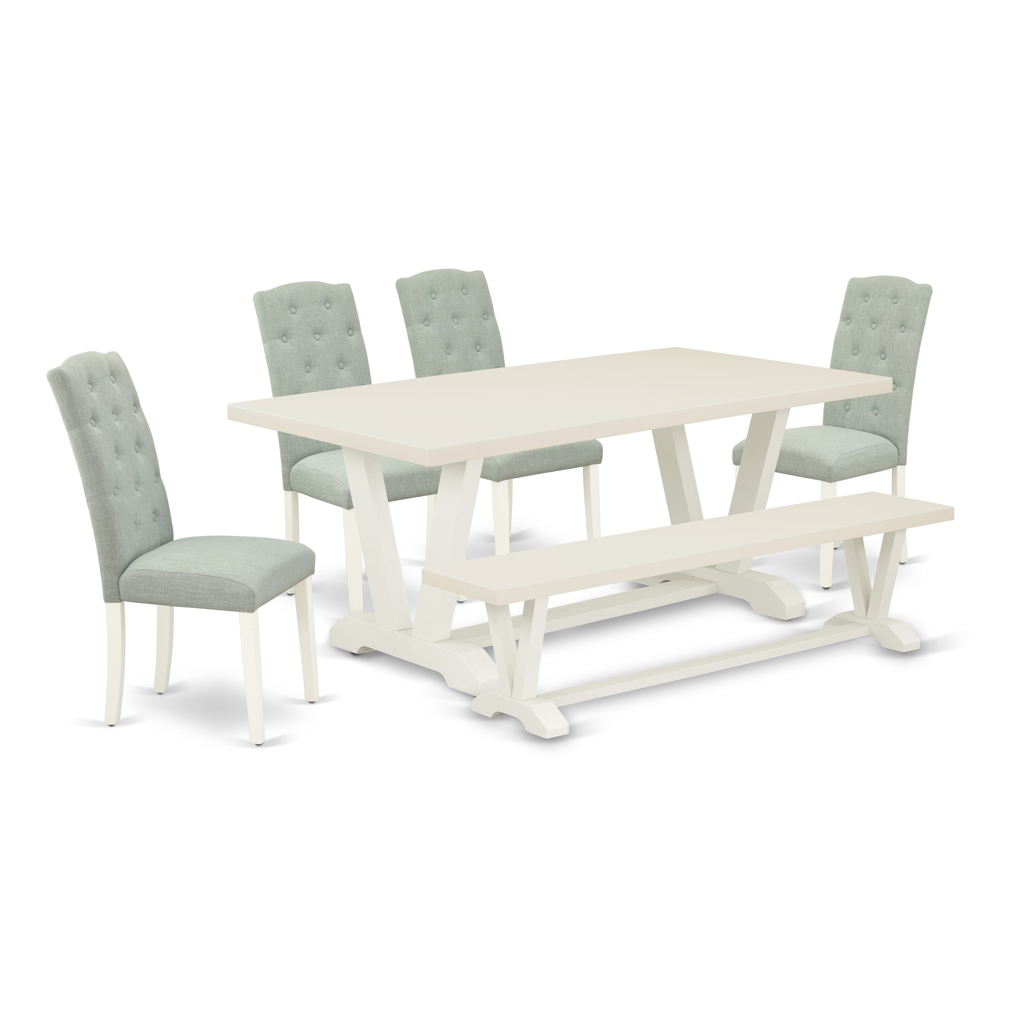 Juego de mesa de comedor de 6 piezas East West Furniture V027CE215-6. Contiene una mesa de cocina rectangular con patas en V y 4 sillas Parson de tela de lino azul bebé con un banco.