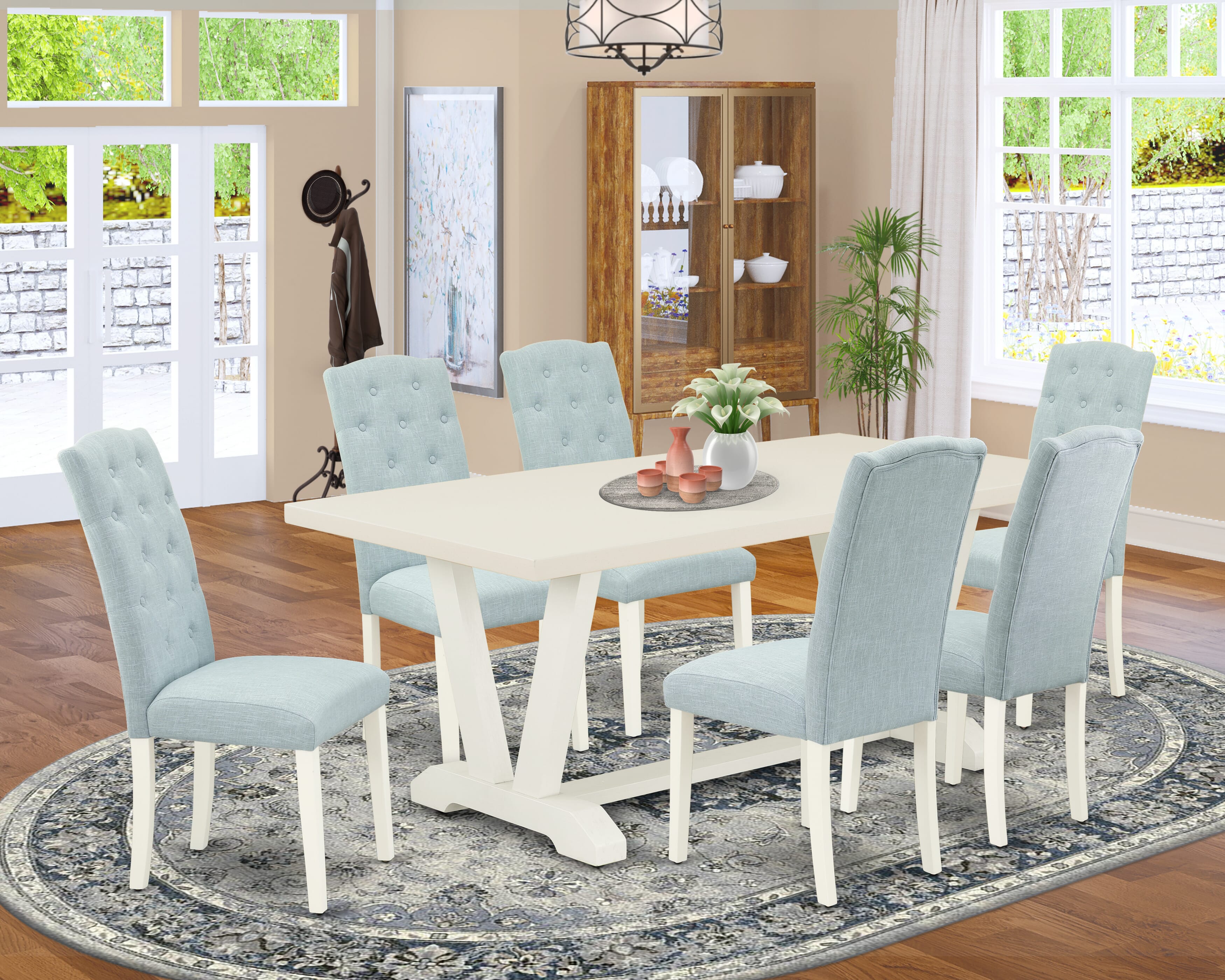 East West Furniture V027CE215-7 7-Piece Kitchen Dining Set- 6 Parson Dining Chairs with Baby Blue Linen Fabric Seat and Button Tufted Chair Back - Rectangular Table top & Wooden Legs - linen white and linen white Finish