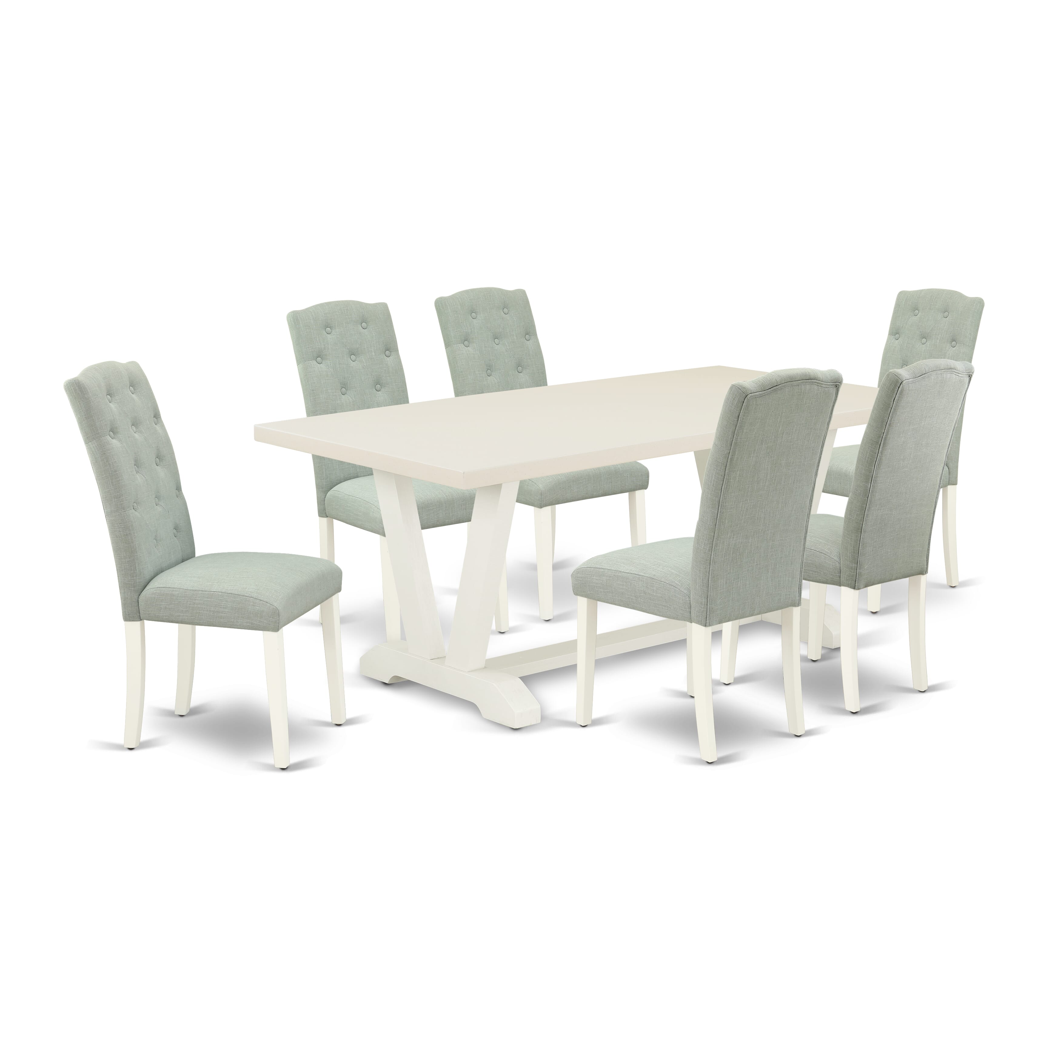 East West Furniture V027CE215-7 7-Piece Kitchen Dining Set- 6 Parson Dining Chairs with Baby Blue Linen Fabric Seat and Button Tufted Chair Back - Rectangular Table top & Wooden Legs - linen white and linen white Finish
