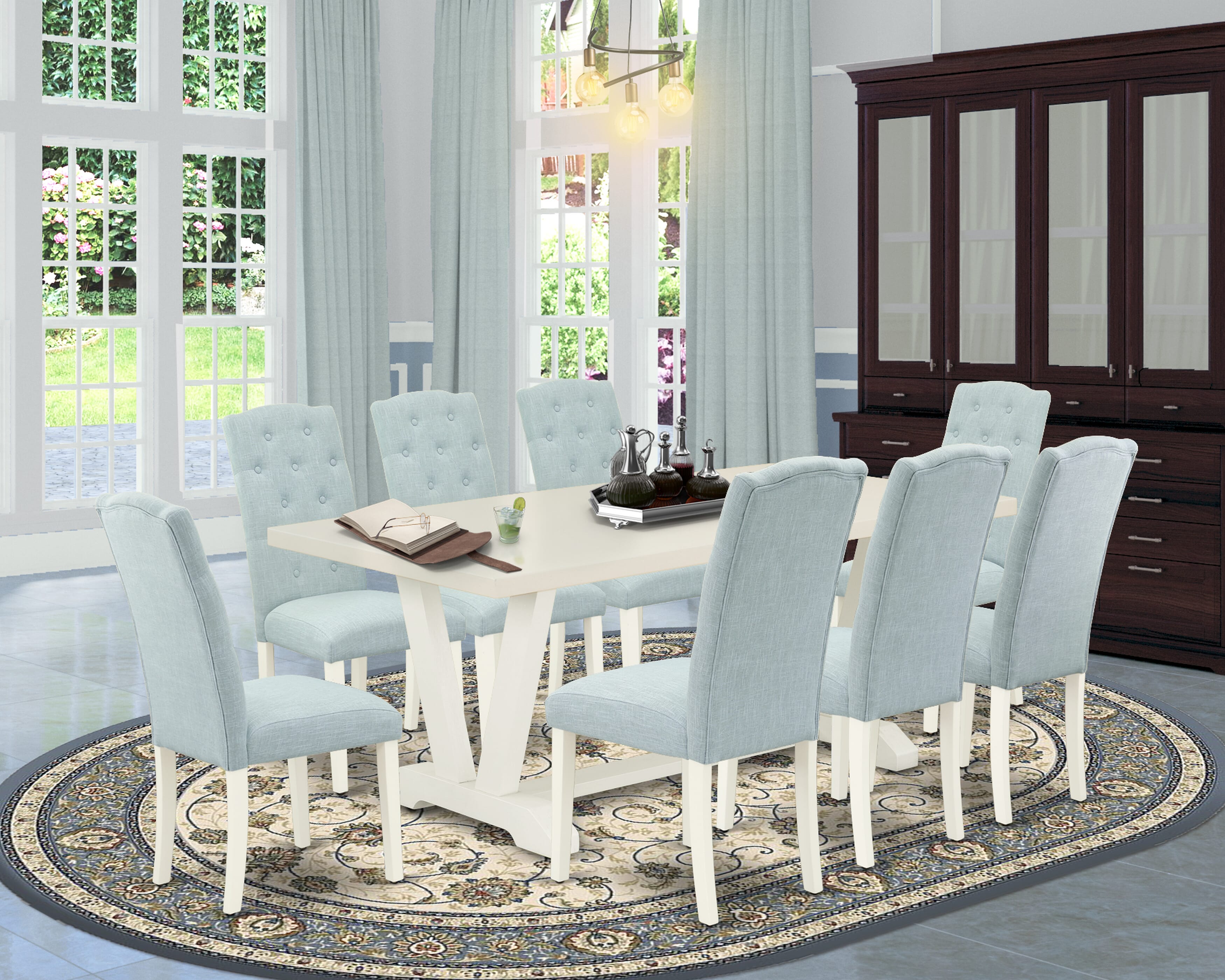 Juego de mesa de comedor de 9 piezas East West Furniture V027CE215-9. Incluye una mesa de comedor rectangular con patas en V y 8 sillas tapizadas en tela de lino azul bebé.