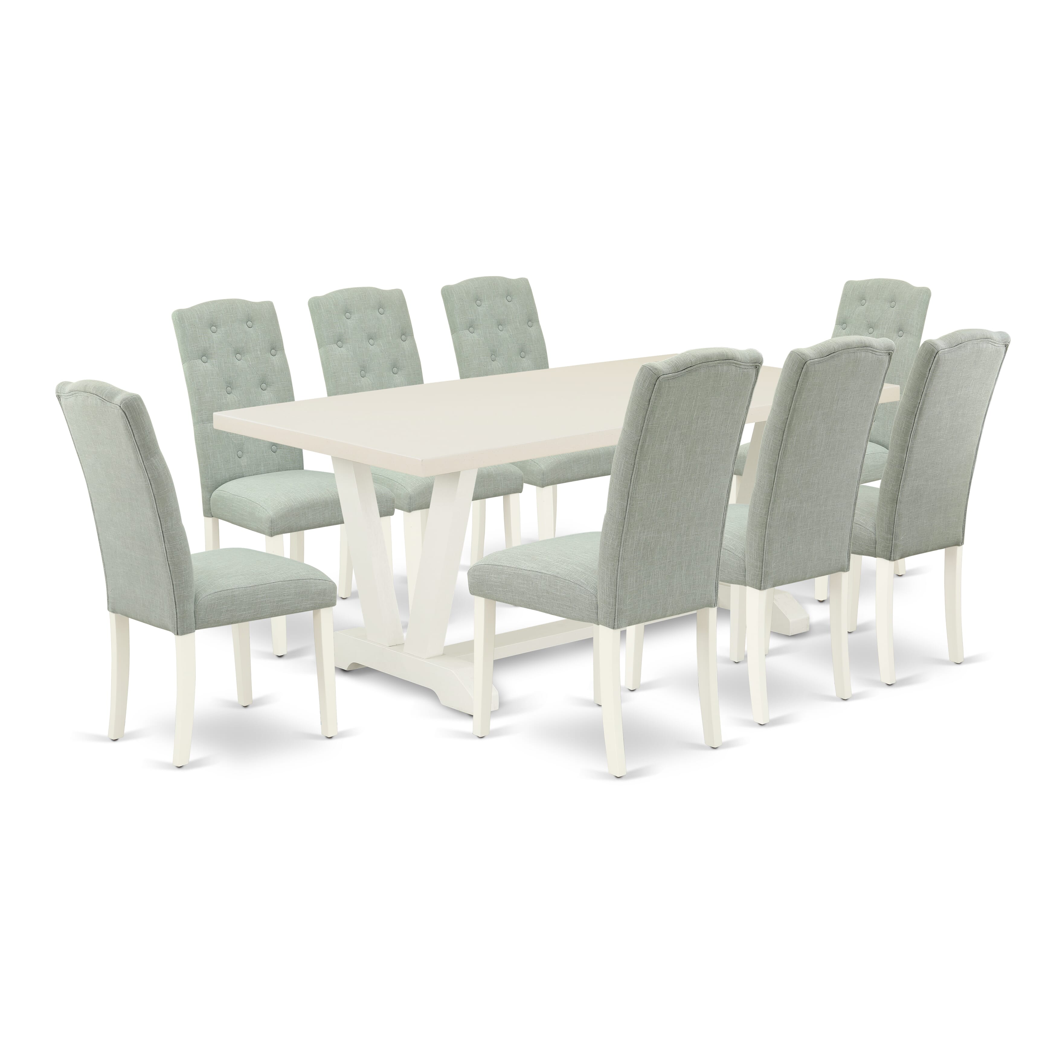 Juego de mesa de comedor de 9 piezas East West Furniture V027CE215-9. Incluye una mesa de comedor rectangular con patas en V y 8 sillas tapizadas en tela de lino azul bebé.