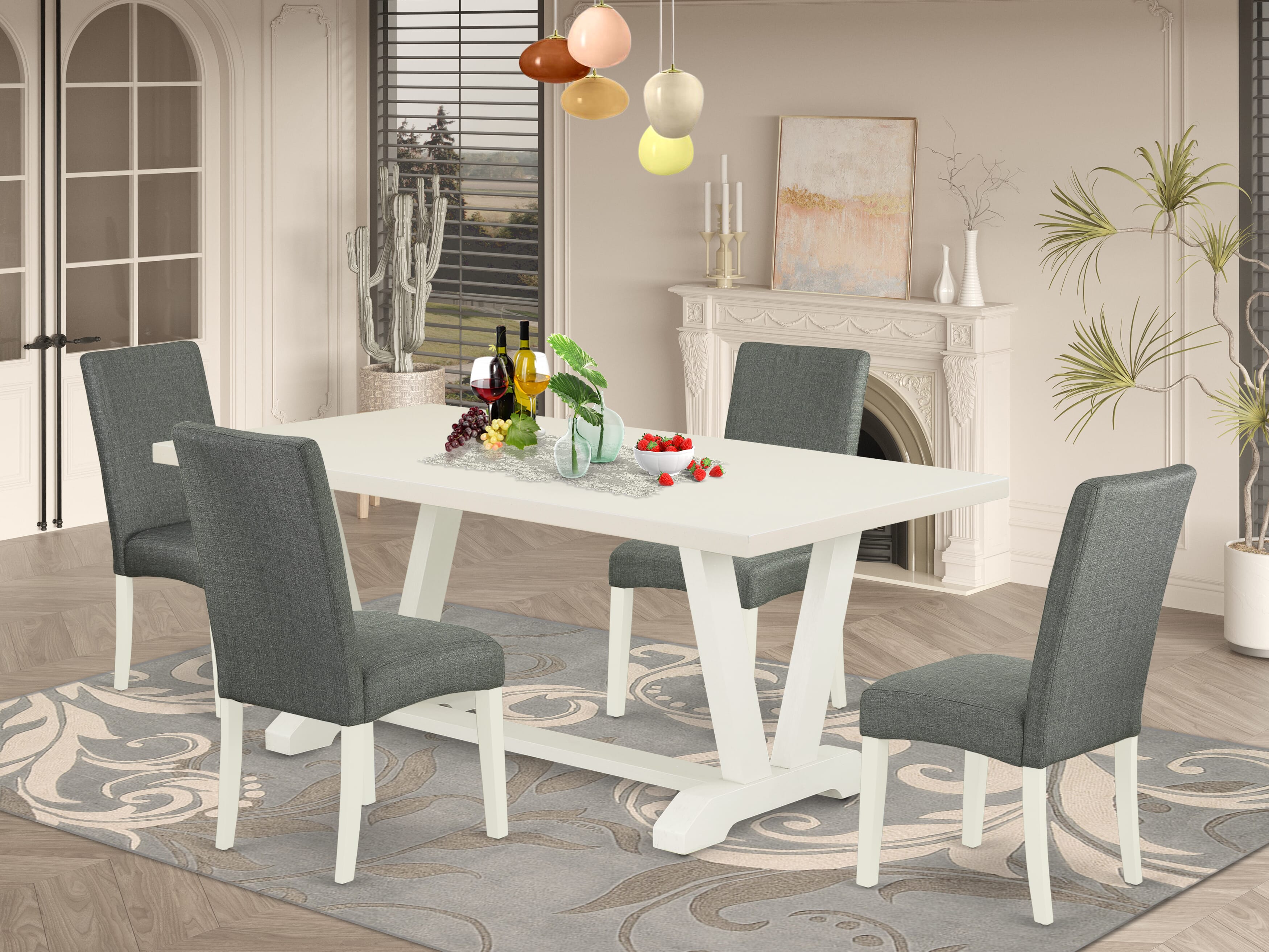 East West Furniture V027DR207-5 5-Piece kitchen table set an Excellent linen white Dinette Table top and 4 Beautiful Parson�s chairs with High Stylish Chair Back, linen white Finish