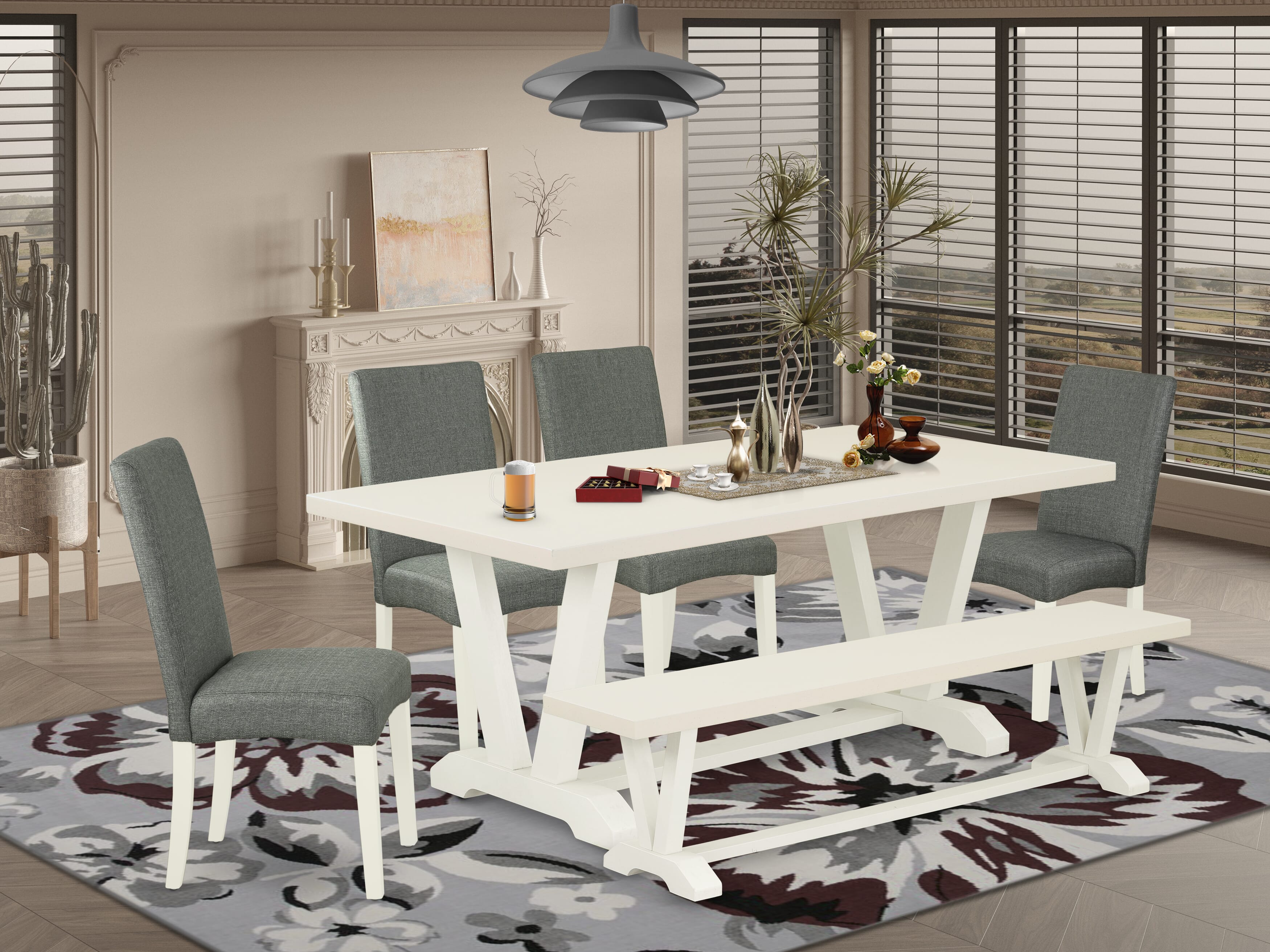 Juego de comedor de 6 piezas East West Furniture V027DR207-6. Contiene una mesa de comedor rectangular con patas en V y 4 sillas Parson de tela de lino gris con un banco.