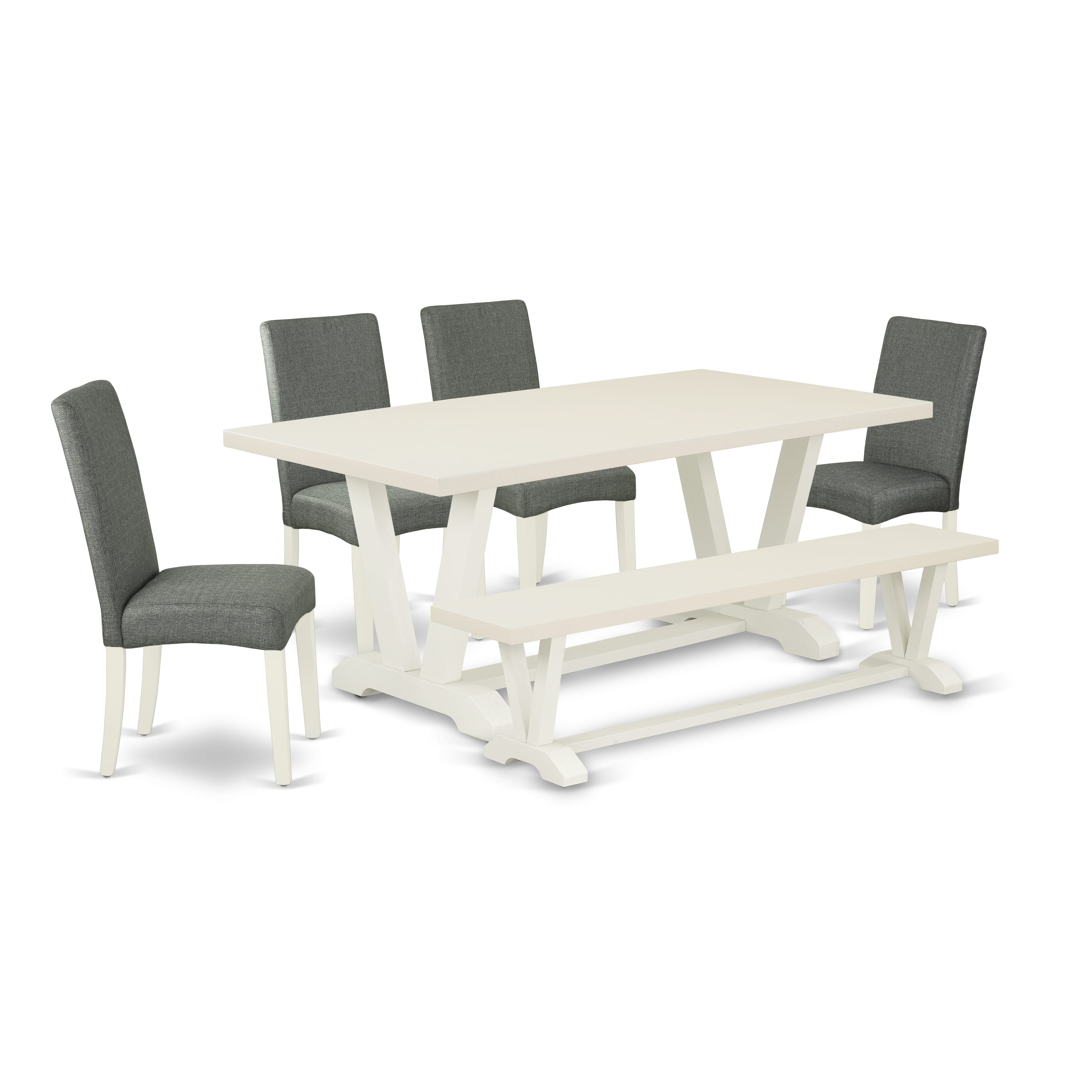 Juego de comedor de 6 piezas East West Furniture V027DR207-6. Contiene una mesa de comedor rectangular con patas en V y 4 sillas Parson de tela de lino gris con un banco.