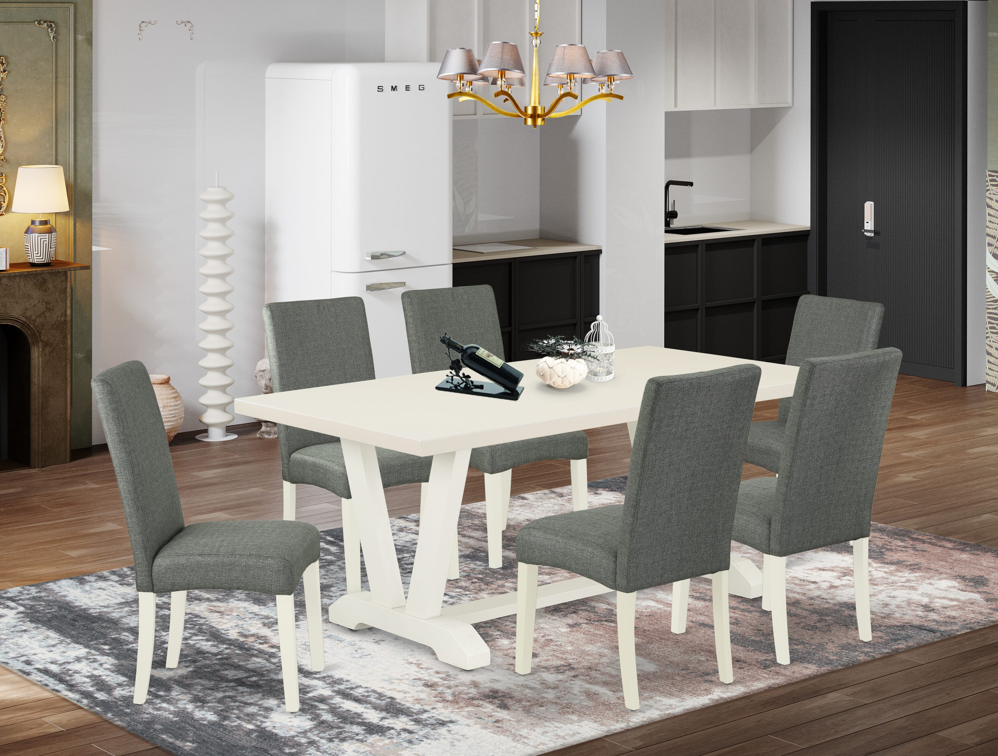 East West Furniture V027DR207-7 7-Piece Dining Set a Great linen white Dinette Table top and 6 Wonderful Parson Dining chairs with High Stylish Chair Back, linen white Finish