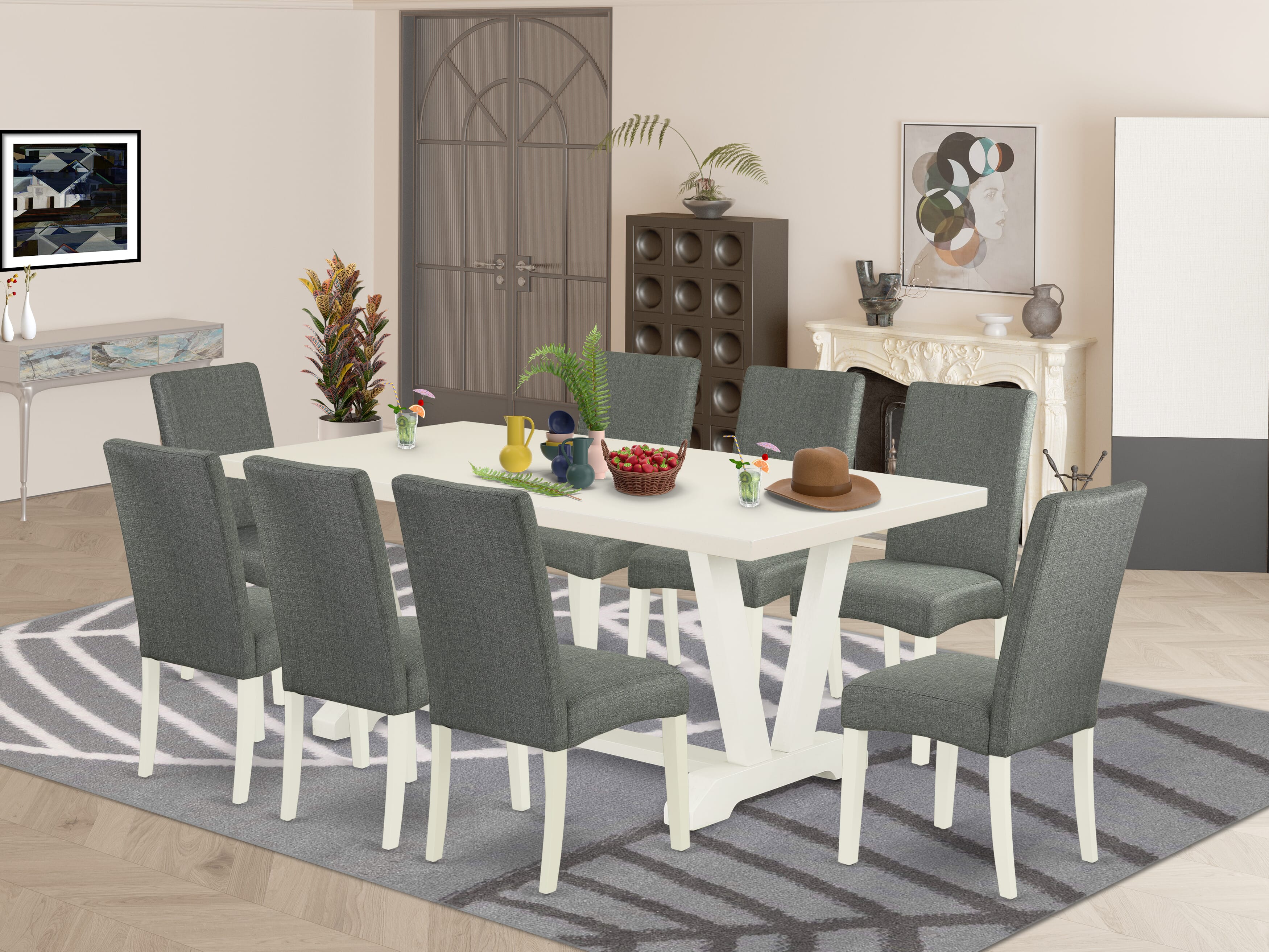 East West Furniture V027DR207-9 9-Piece Dining Table Set a beautiful linen white Small Dining Table top and 8 Fantastic Parson chairs with High Stylish Chair Back, linen white Finish