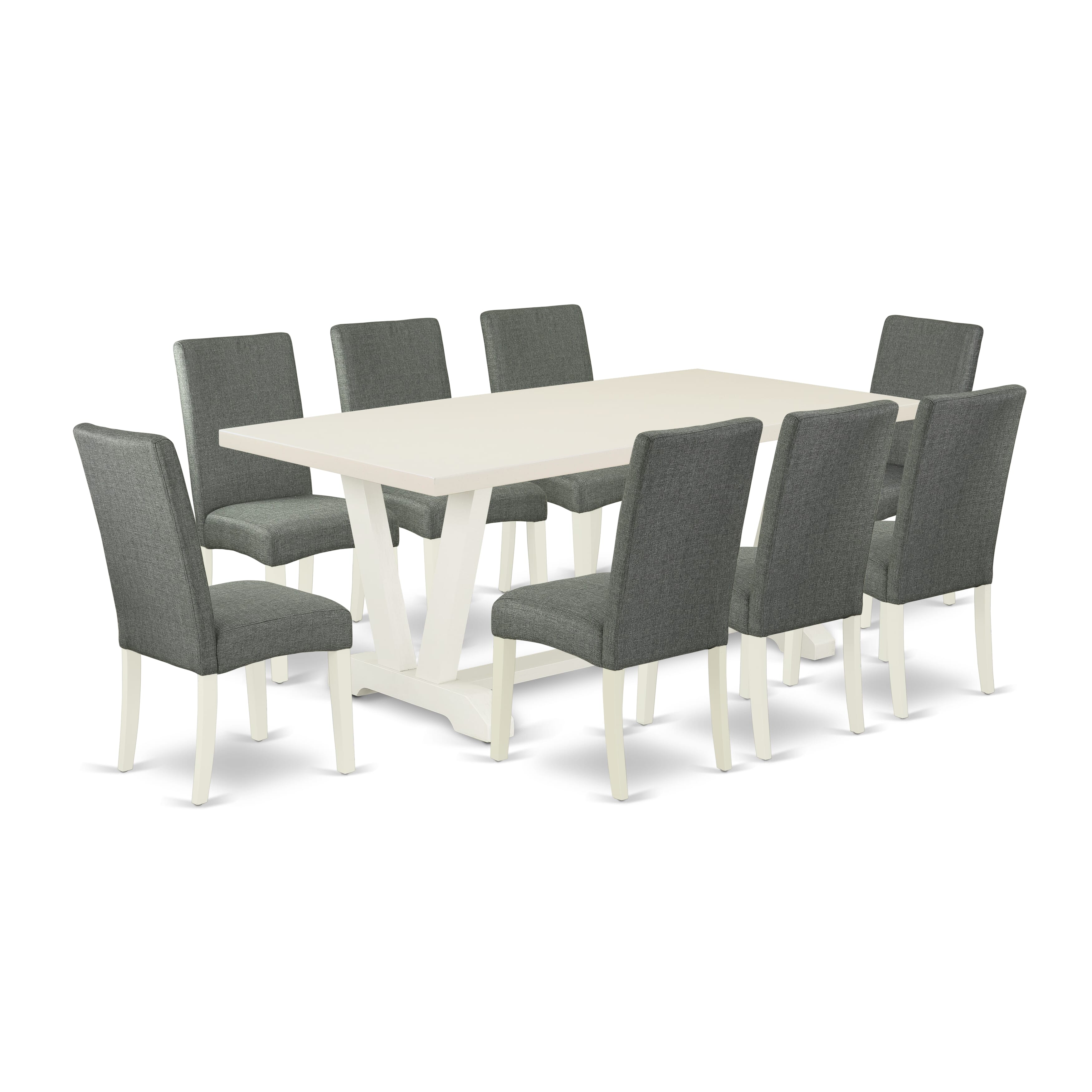 East West Furniture V027DR207-9 9-Piece Dining Table Set a beautiful linen white Small Dining Table top and 8 Fantastic Parson chairs with High Stylish Chair Back, linen white Finish