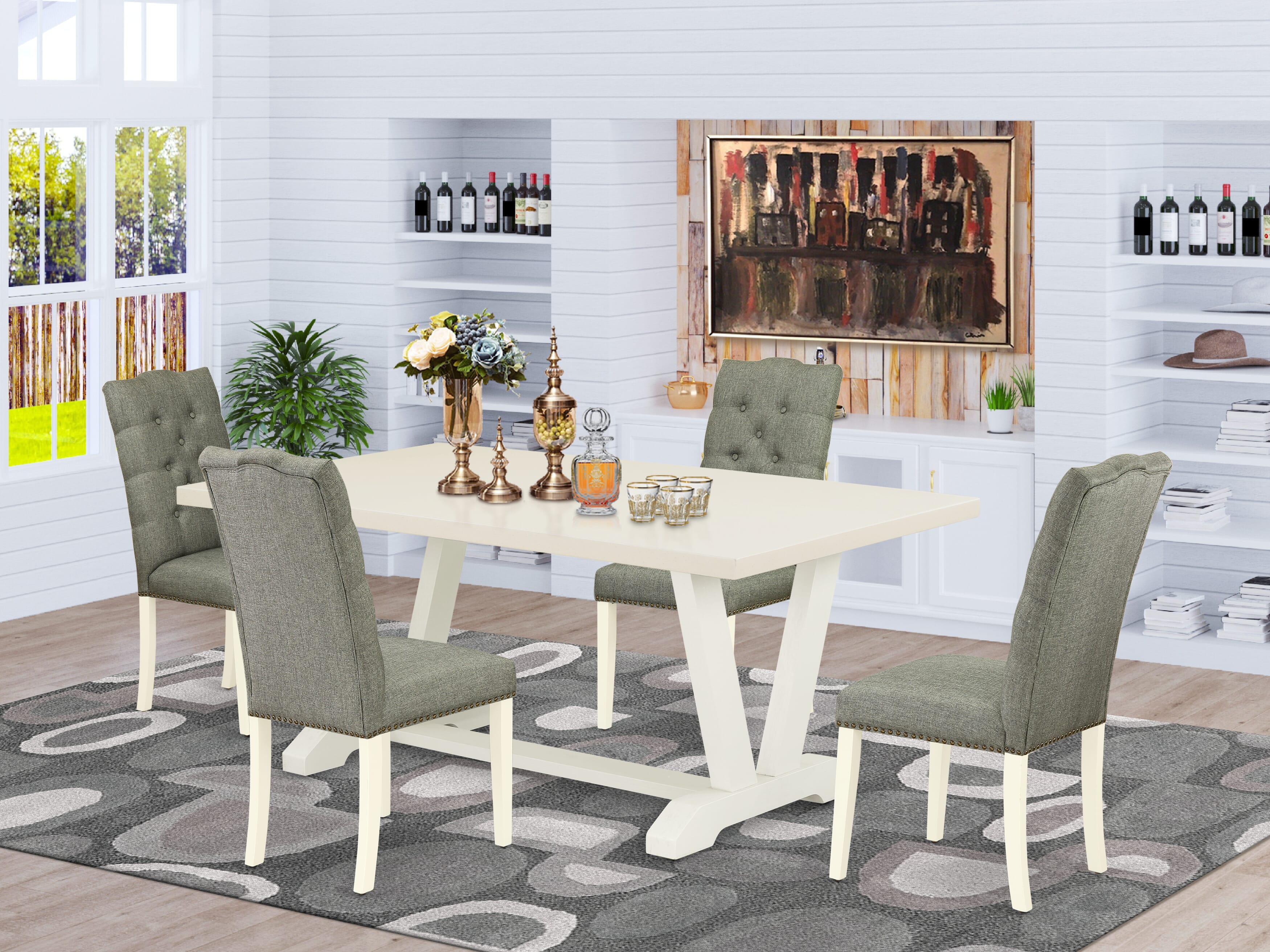 East West Furniture V027EL207-5 5-Pc Dining Room Table Set- 4 Dining Chairs with Smoke Linen Fabric Seat and Button Tufted Chair Back - Rectangular Table top & Wooden Legs (linen white Finish)