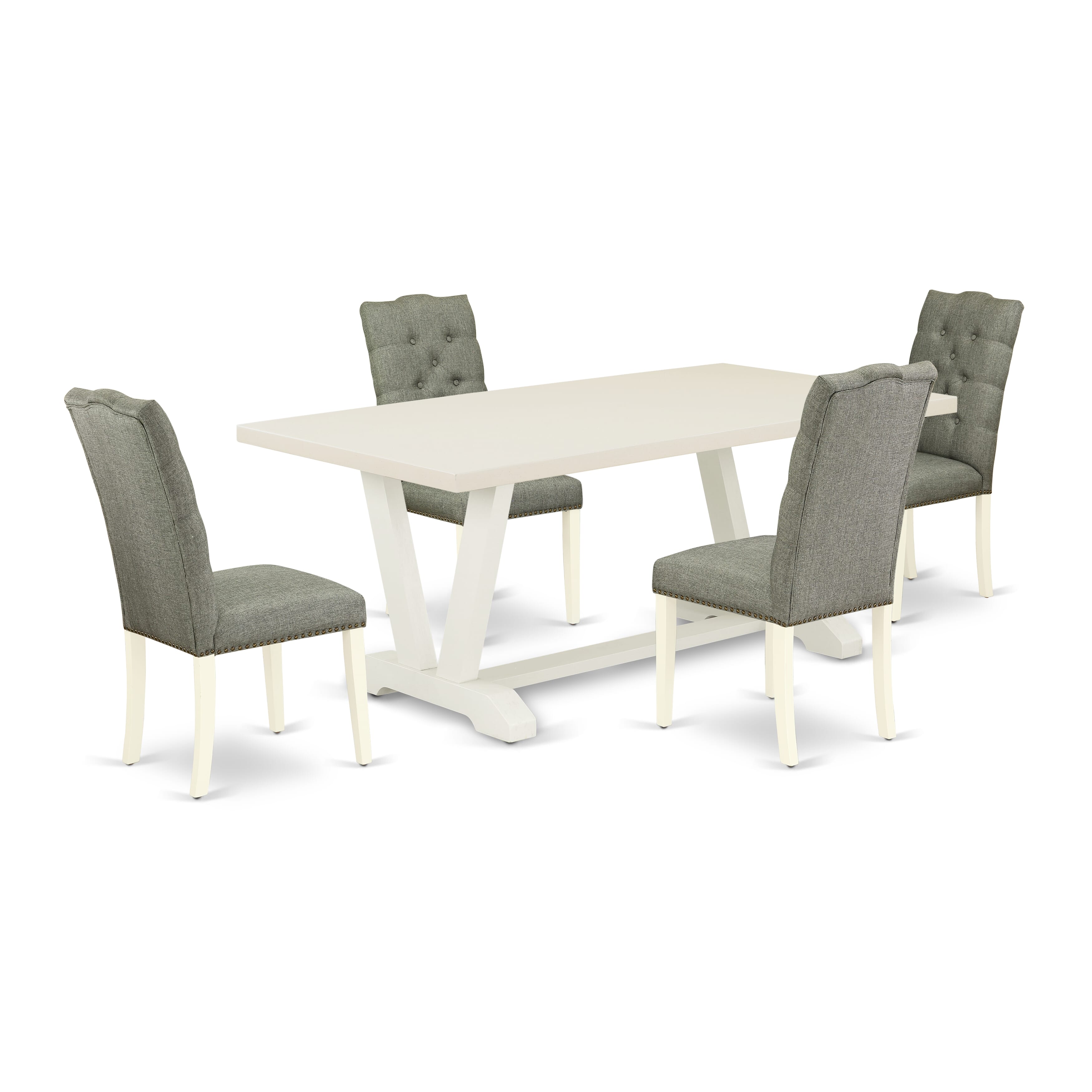 East West Furniture V027EL207-5 5-Pc Dining Room Table Set- 4 Dining Chairs with Smoke Linen Fabric Seat and Button Tufted Chair Back - Rectangular Table top & Wooden Legs (linen white Finish)