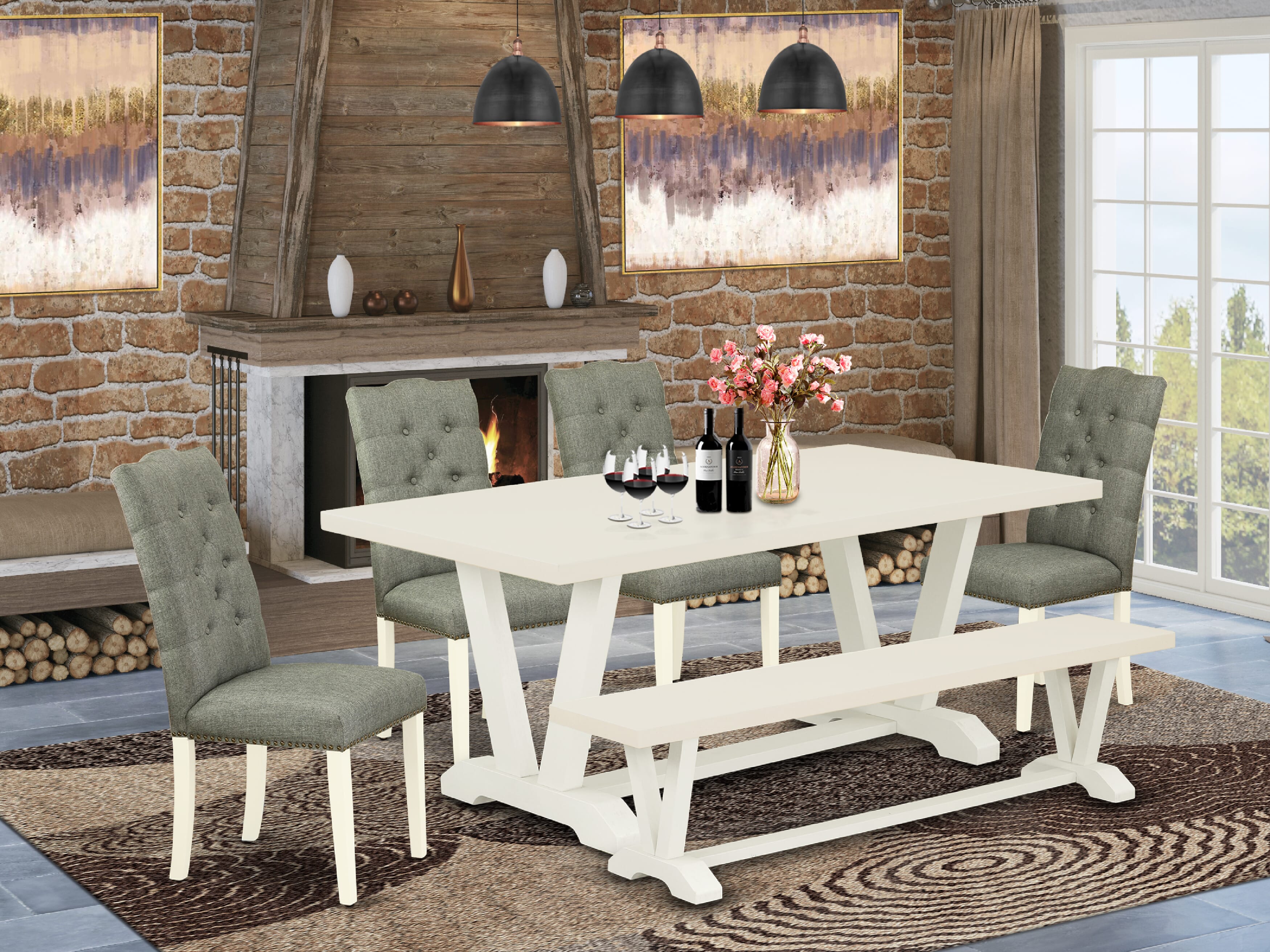 East West Furniture V027EL207-6 6-Piece Dining Room Set- 4 Parson Chairs with Smoke Linen Fabric Seat and Button Tufted Chair Back - Rectangular top & Wooden Legs Wood Kitchen Table and Wood Bench (linen white Finish)