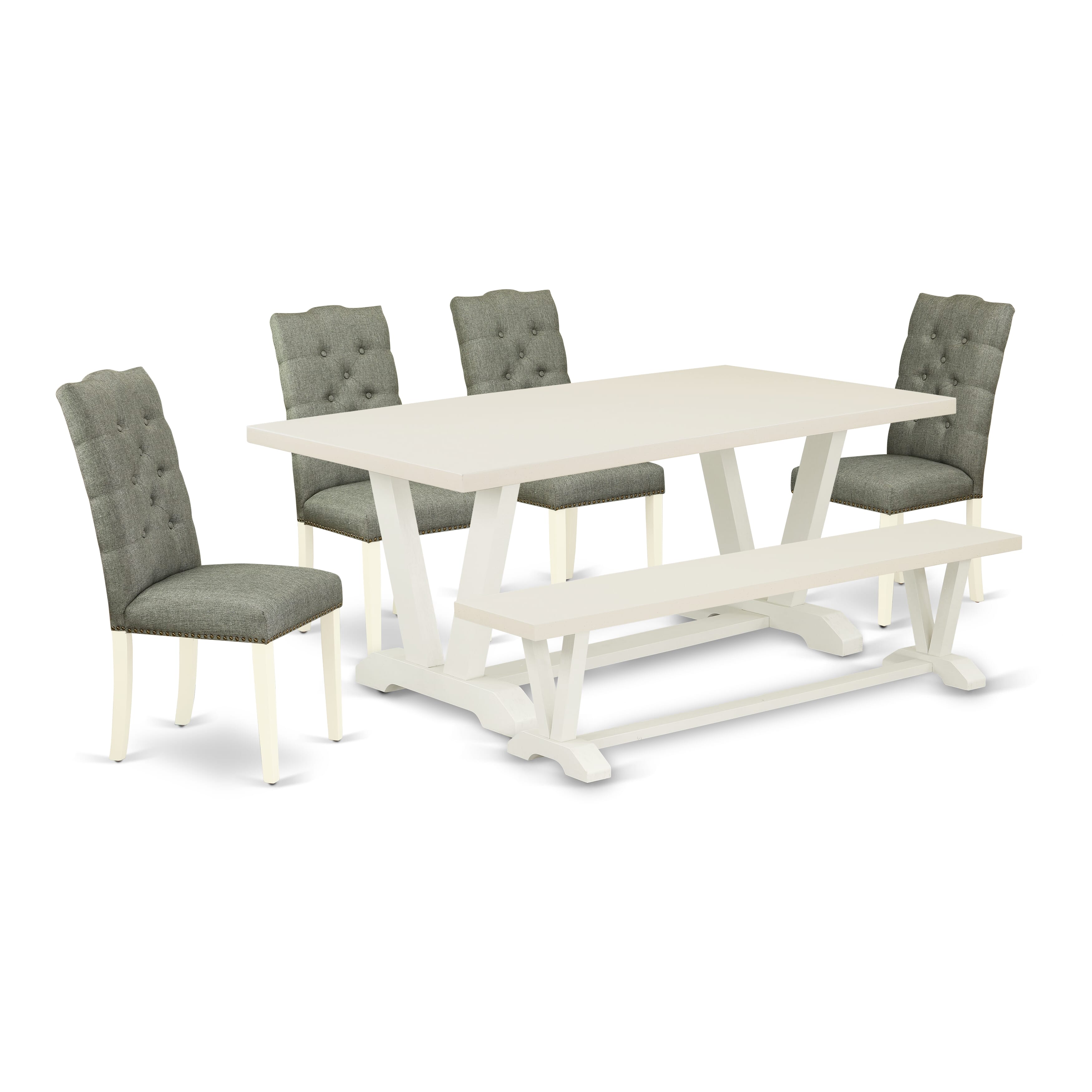 East West Furniture V027EL207-6 6-Piece Dining Room Set- 4 Parson Chairs with Smoke Linen Fabric Seat and Button Tufted Chair Back - Rectangular top & Wooden Legs Wood Kitchen Table and Wood Bench (linen white Finish)