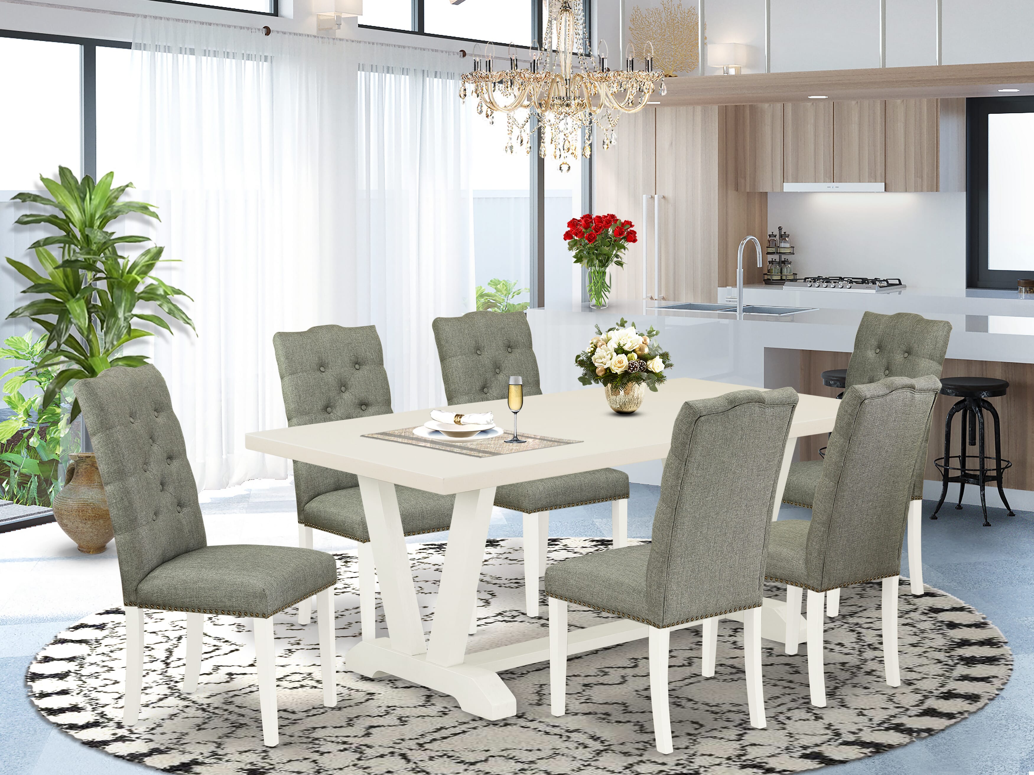 Juego de mesa de comedor de 7 piezas East West Furniture V027EL207-7 compuesto por una mesa de cocina rectangular con patas en V y 6 sillas de comedor Parsons de tela de lino gris.