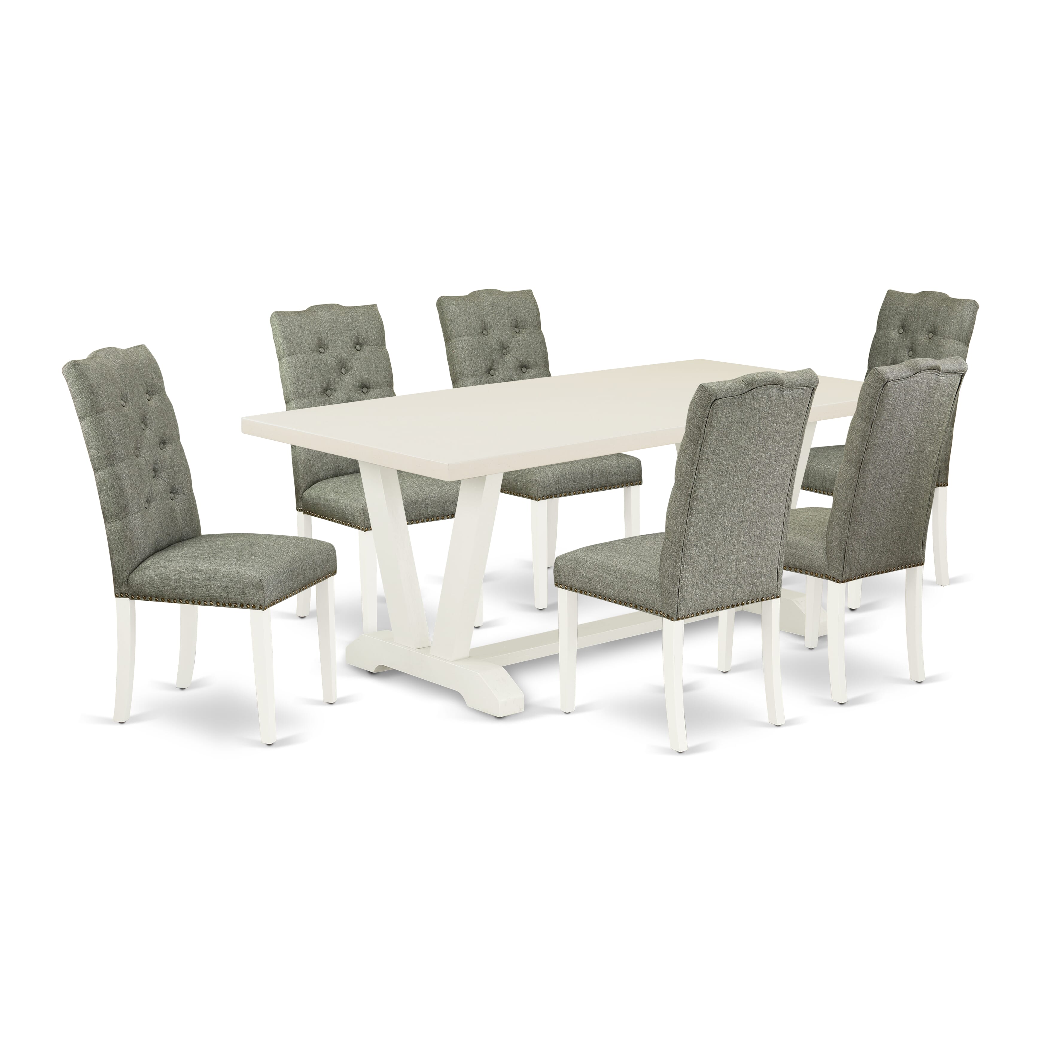 Juego de mesa de comedor de 7 piezas East West Furniture V027EL207-7 compuesto por una mesa de cocina rectangular con patas en V y 6 sillas de comedor Parsons de tela de lino gris.