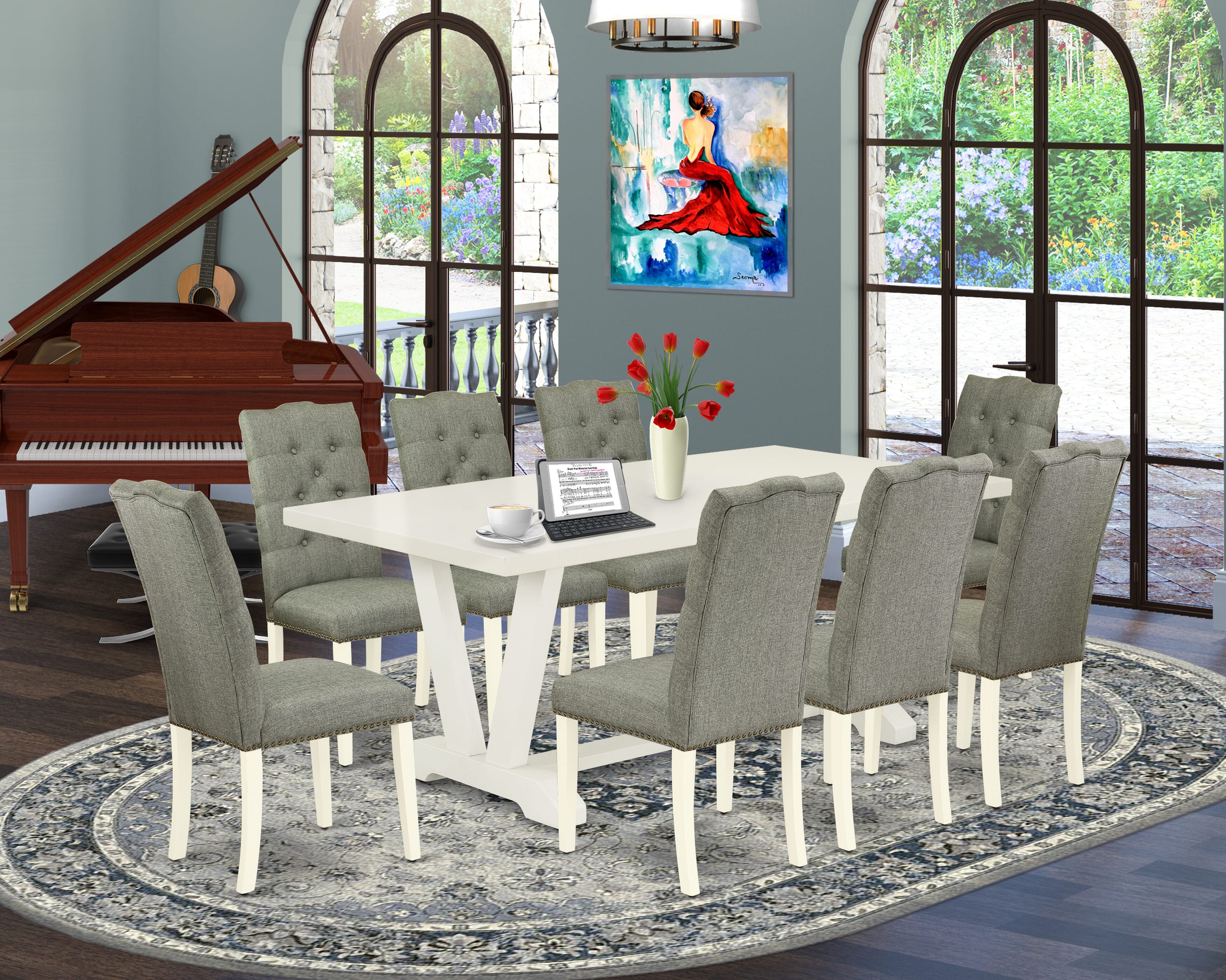 Juego de comedor East West Furniture V027EL207-9 de 9 piezas. Incluye una mesa de cocina rectangular con patas en V y 8 sillas Parson tapizadas en tela de lino gris.