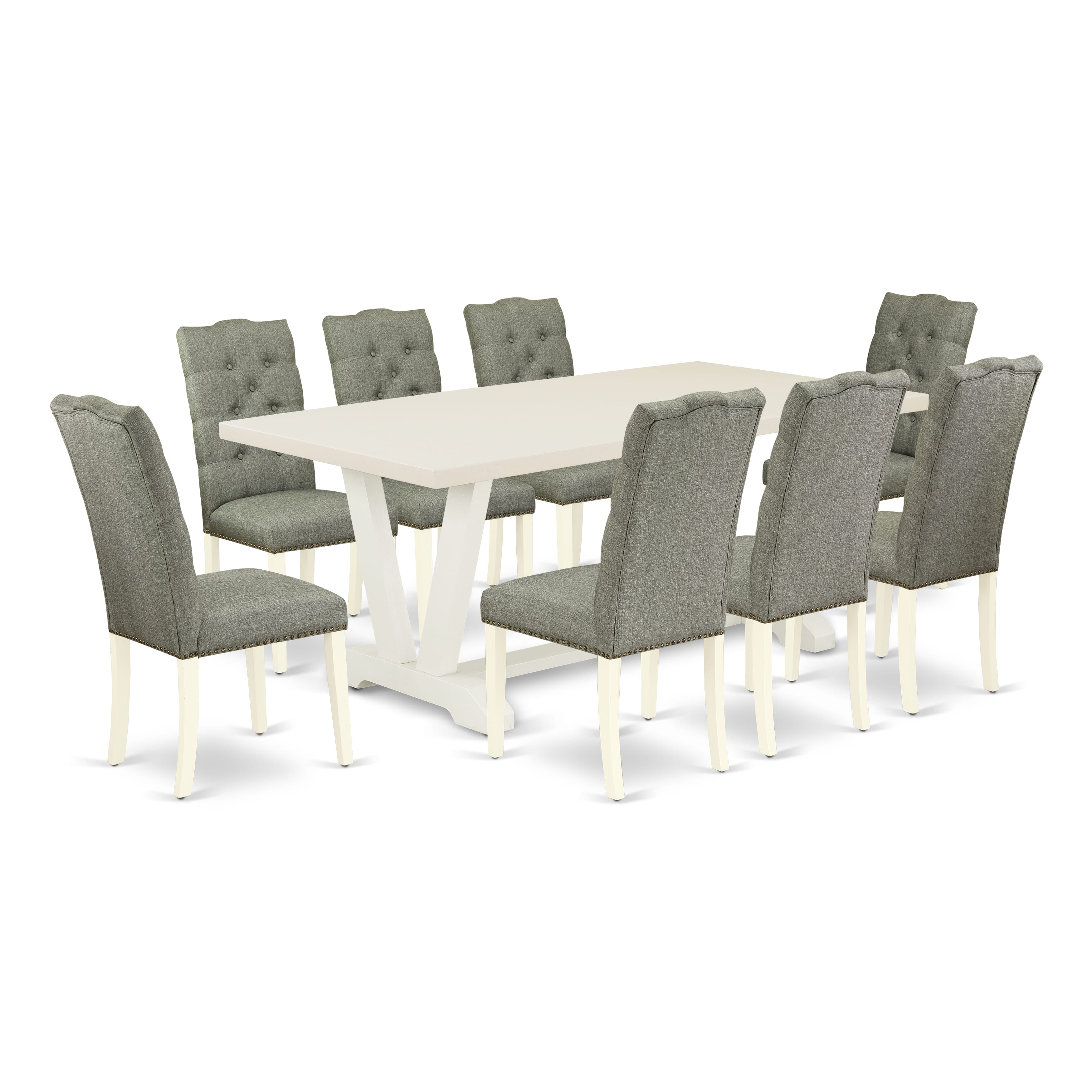Juego de comedor East West Furniture V027EL207-9 de 9 piezas. Incluye una mesa de cocina rectangular con patas en V y 8 sillas Parson tapizadas en tela de lino gris.