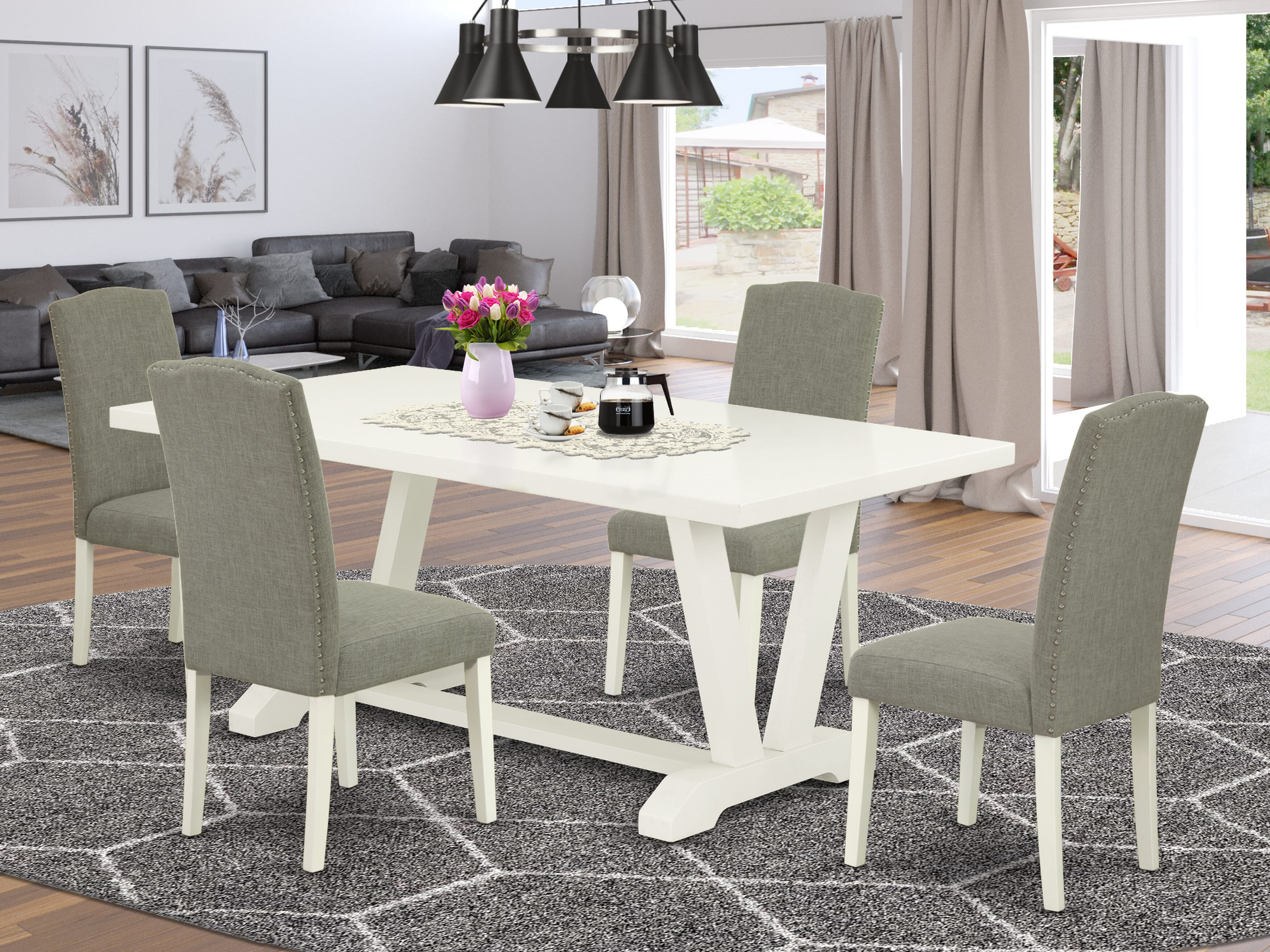 Juego de mesa y sillas de cocina de 5 piezas East West Furniture V027EN206-5. Incluye una mesa de comedor rectangular con patas en V y 4 sillas Parsons de tela de lino shitake oscuro.
