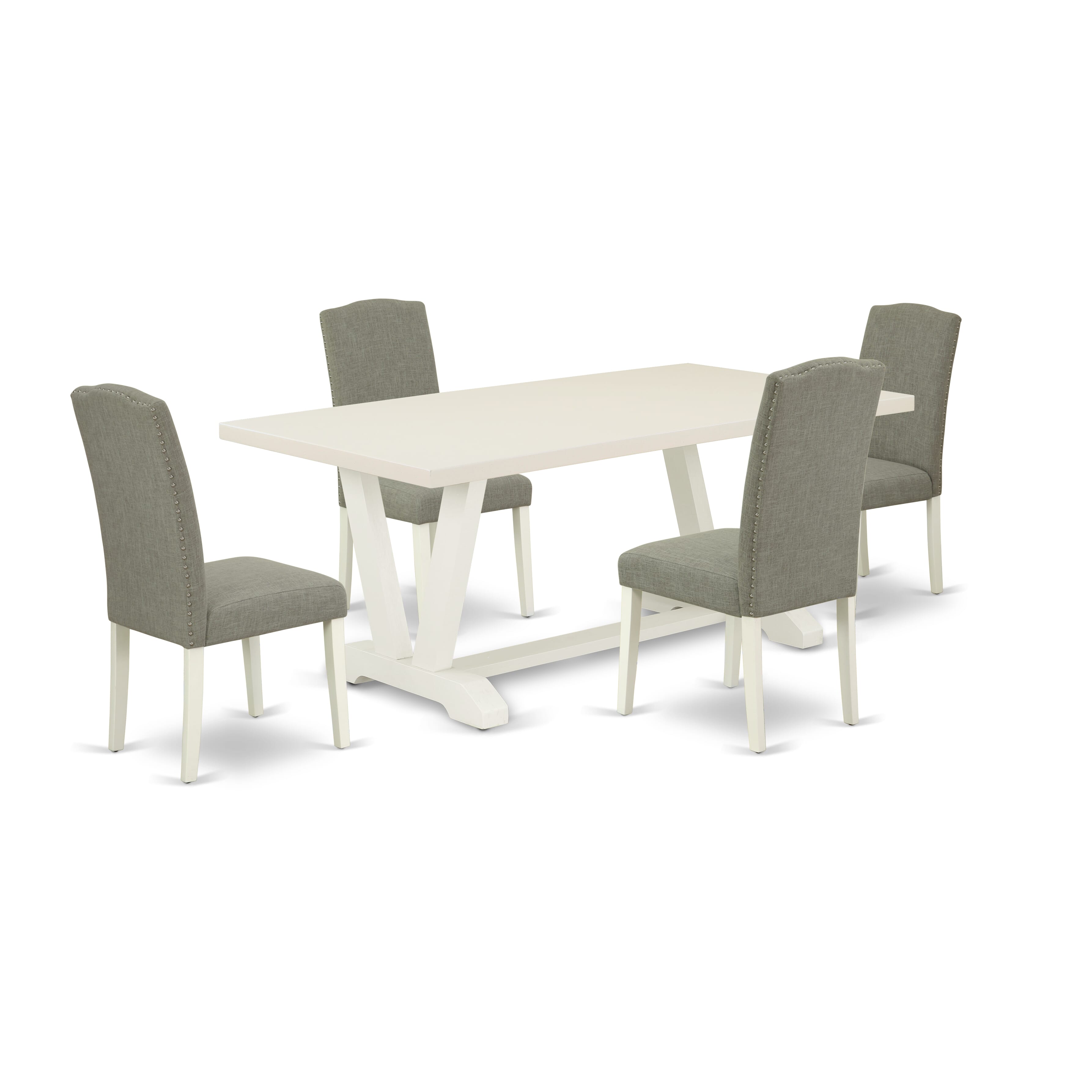 Juego de mesa y sillas de cocina de 5 piezas East West Furniture V027EN206-5. Incluye una mesa de comedor rectangular con patas en V y 4 sillas Parsons de tela de lino shitake oscuro.