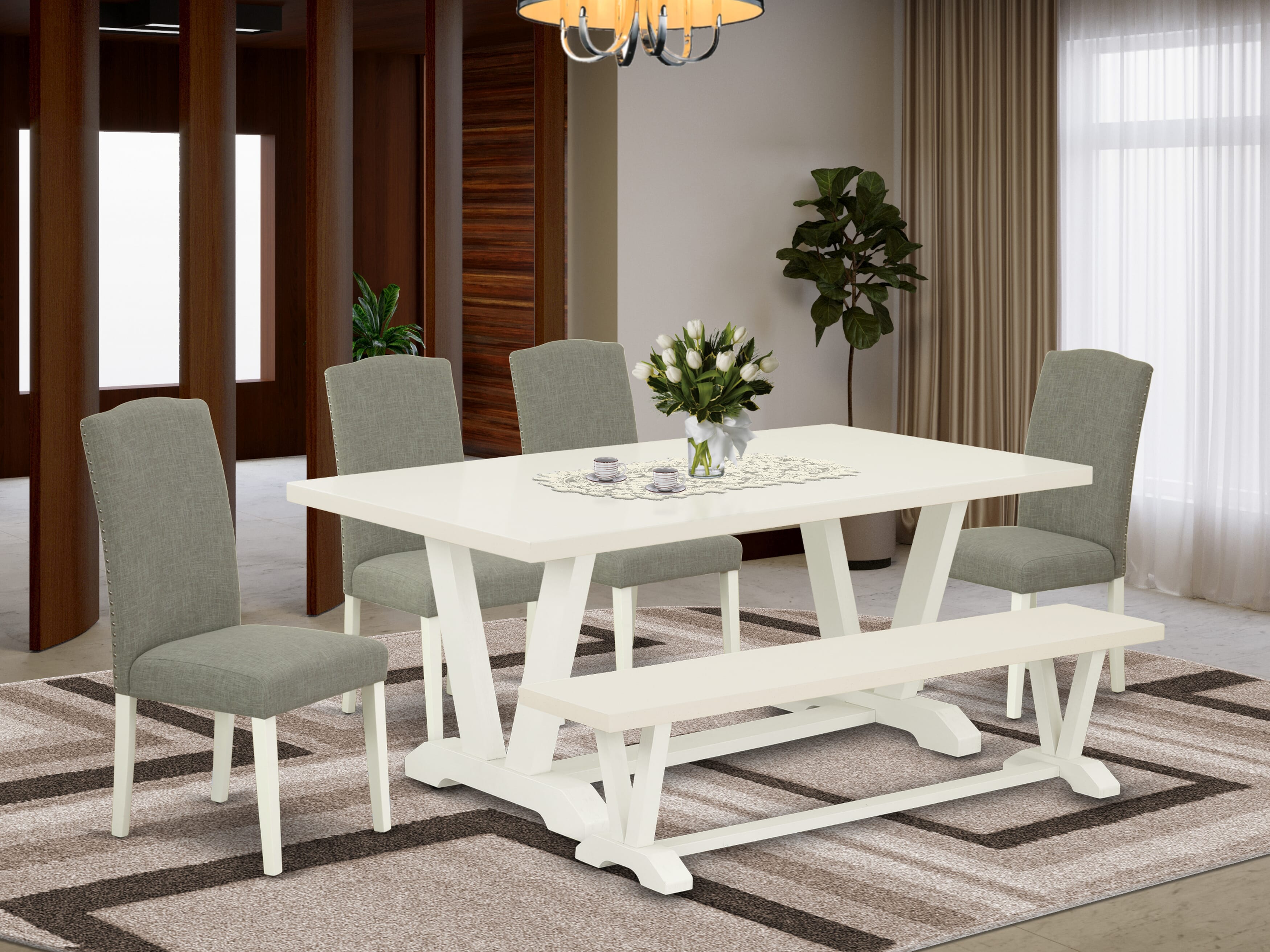 Juego de mesa de cocina de 6 piezas East West Furniture V027EN206-6. Contiene una mesa de comedor rectangular con patas en V y 4 sillas Parson de tela de lino shitake oscuro con un banco.