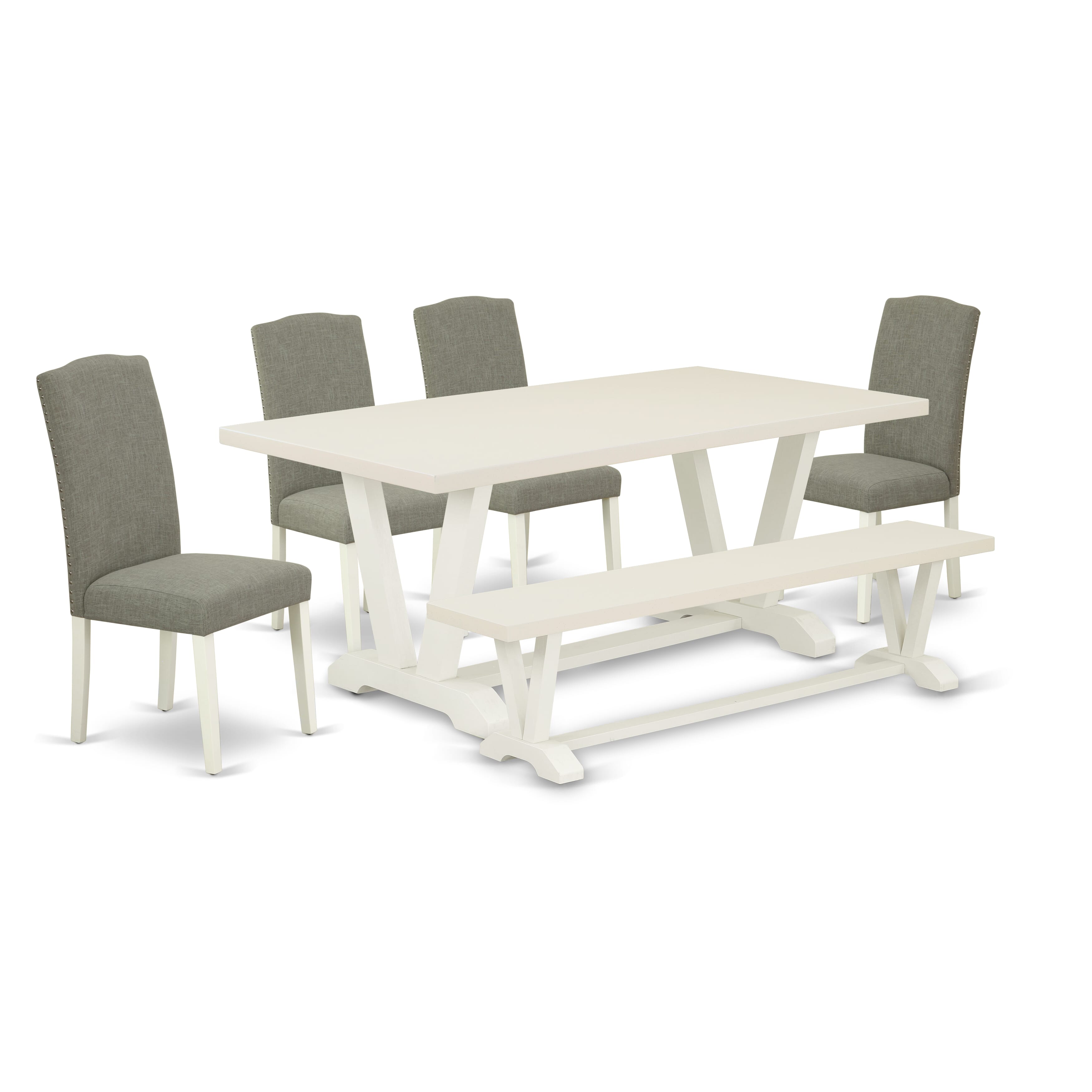 Juego de mesa de cocina de 6 piezas East West Furniture V027EN206-6. Contiene una mesa de comedor rectangular con patas en V y 4 sillas Parson de tela de lino shitake oscuro con un banco.