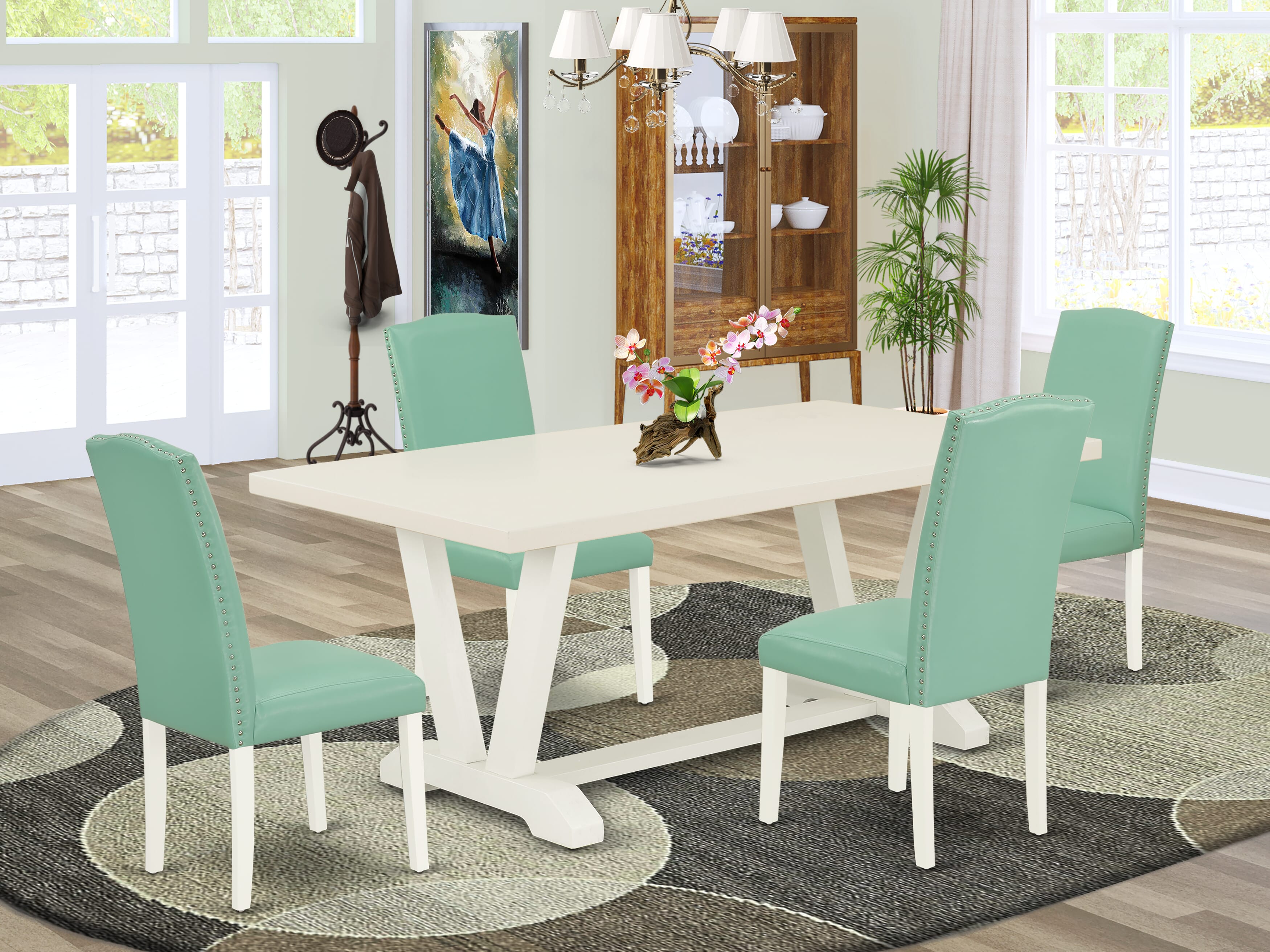 East West Furniture V027EN257-5 5 Piece Dining Set Includes a Rectangle Dining Room Table with V-Legs and 4 Pond Faux Leather Upholstered Chairs, 40x72 Inch, Multi-Color