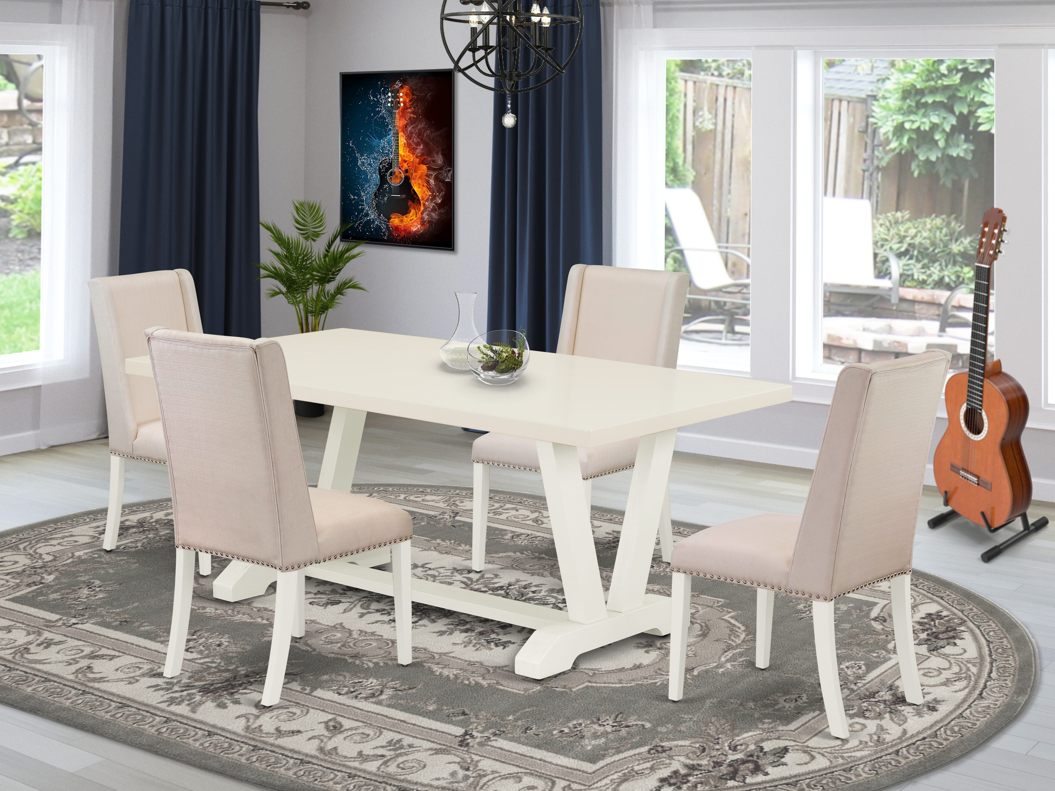 East West Furniture V027FL201-5 5-Piece Dining Room Set with Rectangular Table and 4 Linen Fabric Kitchen Chairs (linen white Finish)